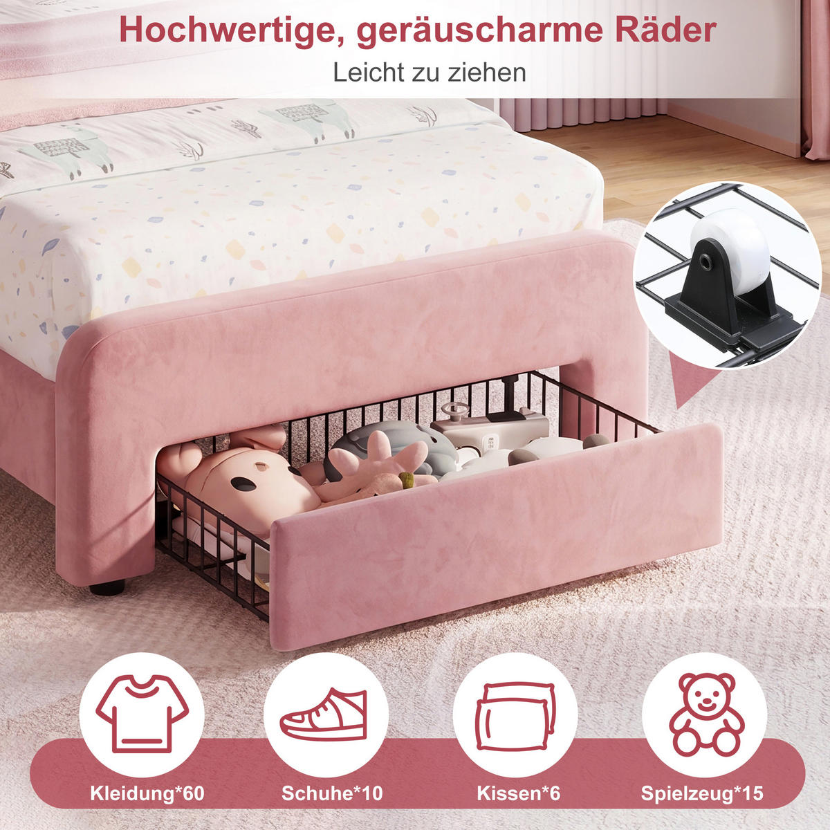 KINDERBETT 90x200 cm mit LED-Beleuchtung und Schubladen, Hasen-Kopfteil, höhenverstellbar, Samtstoff - Rosa, Holz/Metall (90/200cm) - GENKI LIVING
