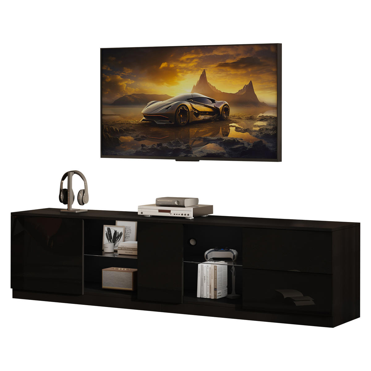 TV-SCHRANK Schwarz mit gehärtetem Glasfach und dreistufigem Stauraum 160 × 40 × 52 cm - Schwarz, Holzwerkstoff (160/52/40cm) - Luhomfu
