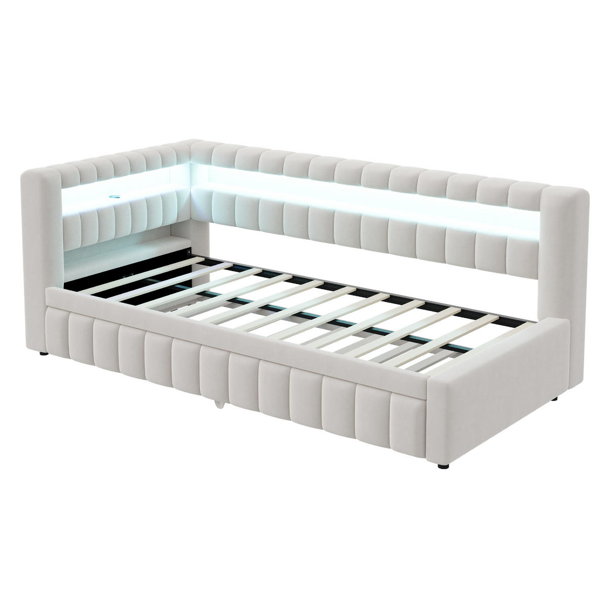 SCHLAFSOFA ausziehbar 90x200 cm Samt Beige mit LED und USB - Beige, Metall (90/200cm) - Meubliv
