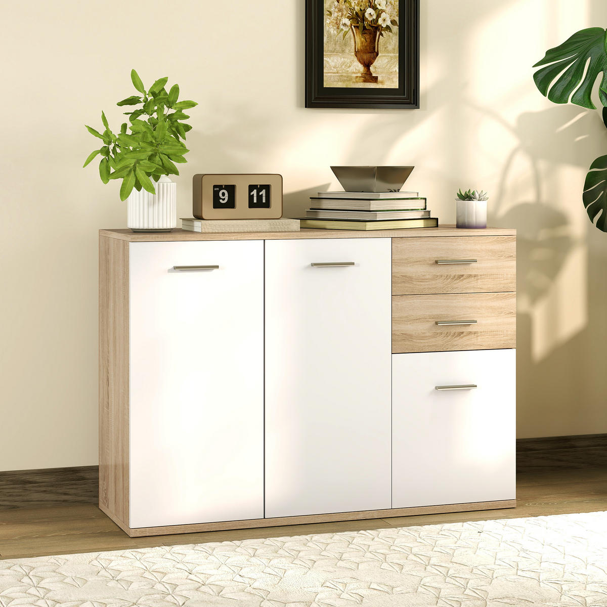 SIDEBOARD DE-11278 2 Schubladen, 3 Türen Weiß/Naturholz - Naturfarben, Holzwerkstoff (106/76/35cm) - ComfortXL