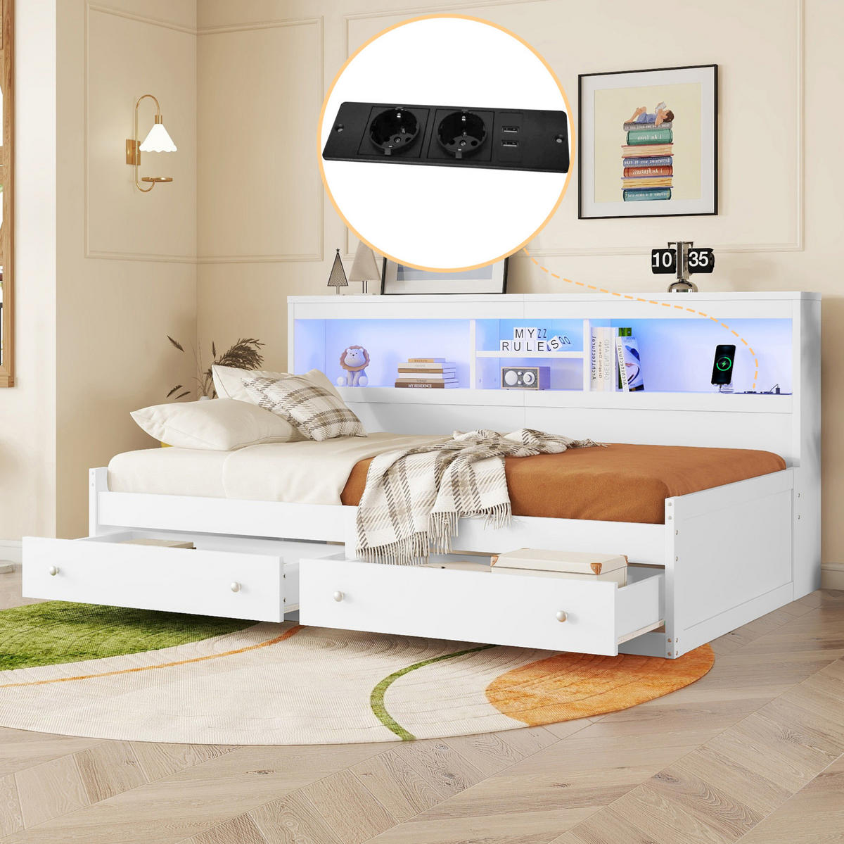 POLSTERBETT 90/200 cm Weiß aus Spanplatte mit LED-Beleuchtung und USB-Anschluss - Weiß, Holzwerkstoff (90/200cm) - OKMYHOME