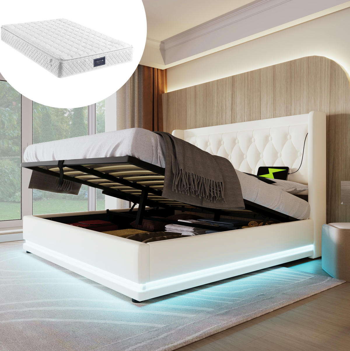 POLSTERBETT 140/200 cm mit USB-C, Matratze, LED und hydraulischem Bettkasten, PU, Weiß - Weiß, Kunststoff (140/200cm) - Redom