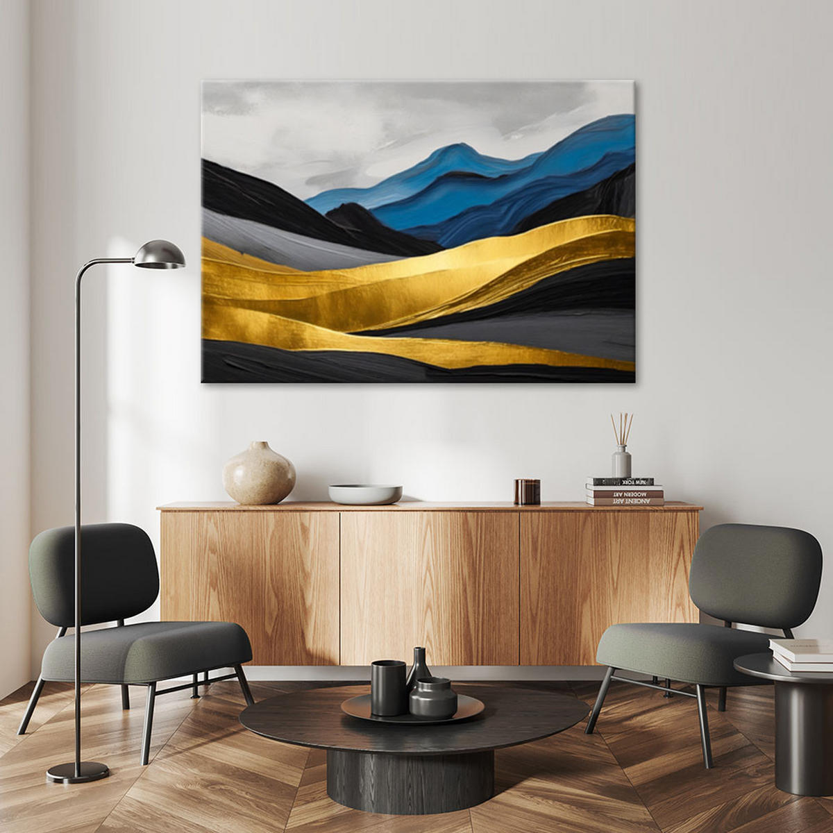 LEINWANDBILD Berge abstrakt gold glamour 120x80cm - Gelb, Textil (120/80cm) - Feeby