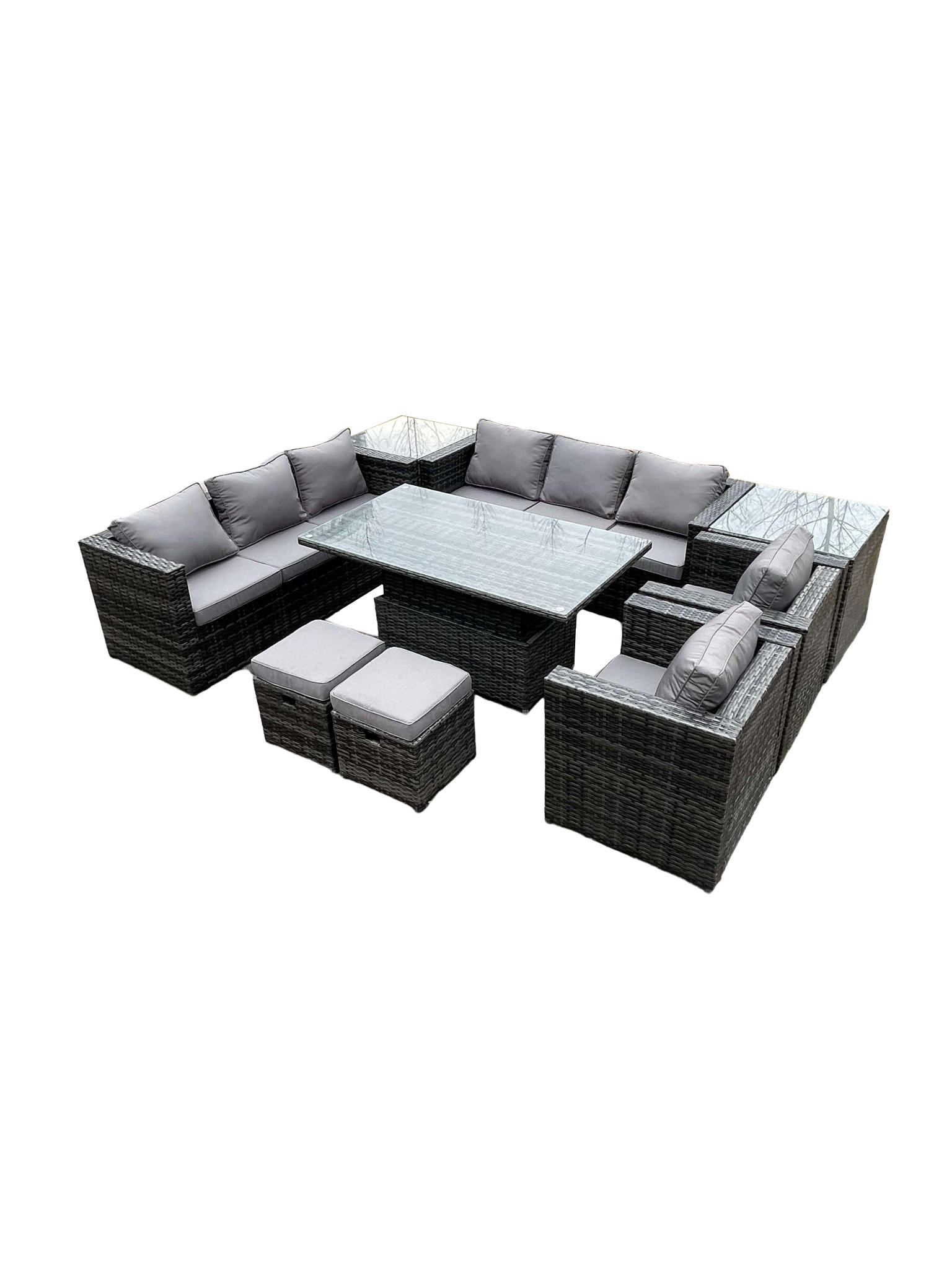GARTENTISCHGRUPPE Polyrattan 10-Sitzer - Dunkelgrau/Grau, Glas/Kunststoff - Fimous