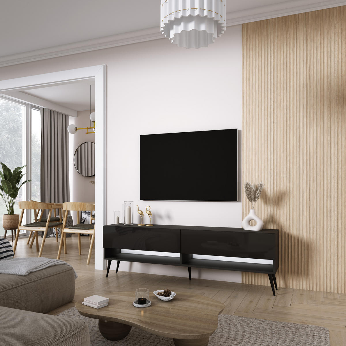 TV-LOWBOARD 170 cm Mattschwarz / Hochglanzschwarz, schwarze schräge Beine, weiße LED, 170 × 32 × 52 cm - Schwarz, Holzwerkstoff (170/52/32cm) - 3XE LIVING