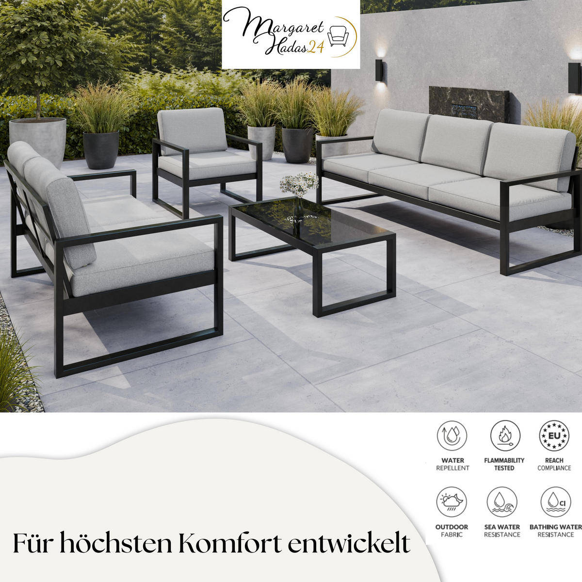 GARTENSET Madera für 6 Personen Balkonmöbel Aluminium Terassenmöbel Sitzbank, 4-tlg. Tisch schwarz, hellgrau - Hellgrau/Schwarz, Kunststoff/Metall - Margaret Hadas24