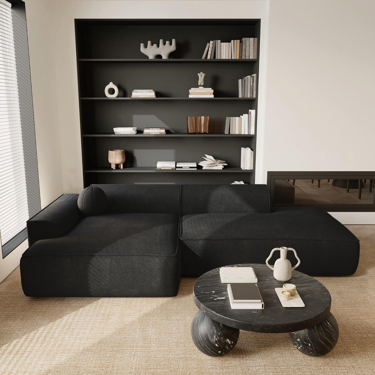 ECKSOFA LINKS Rastergewebe Anthrazitgrau 300cm - Dunkelgrau/Anthrazit, Textil (155/300cm) - Sia Home