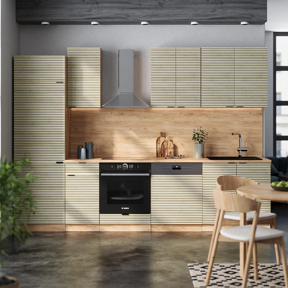 KÜCHENZEILE Fame-Line Eiche Paneel/Goldkraft Eiche 300 cm , AP Anthrazit - Hellbraun/Eiche Wotan, Holzwerkstoff (300/81.6/60cm) - Vicco