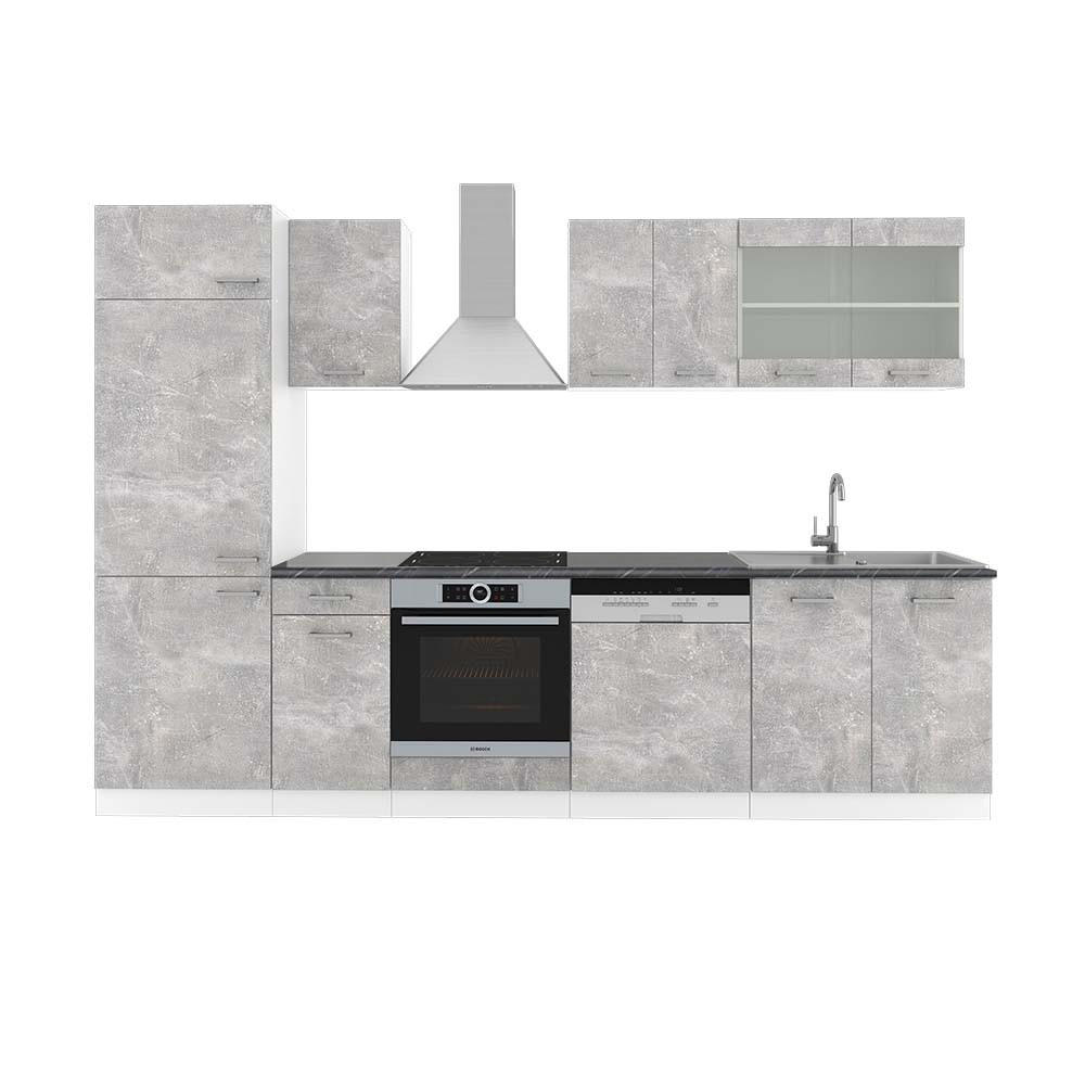KÜCHENZEILE R-Line Beton/Weiß 300 cm, AP Anthrazit - Schieferfarben/Weiß, Holzwerkstoff (300/81.6/60cm) - Vicco