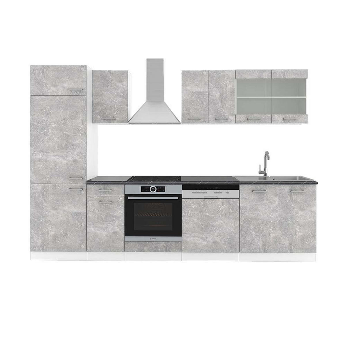 KÜCHENZEILE R-Line Beton/Weiß 300 cm, AP Anthrazit - Schieferfarben/Weiß, Holzwerkstoff (300/81.6/60cm) - Vicco
