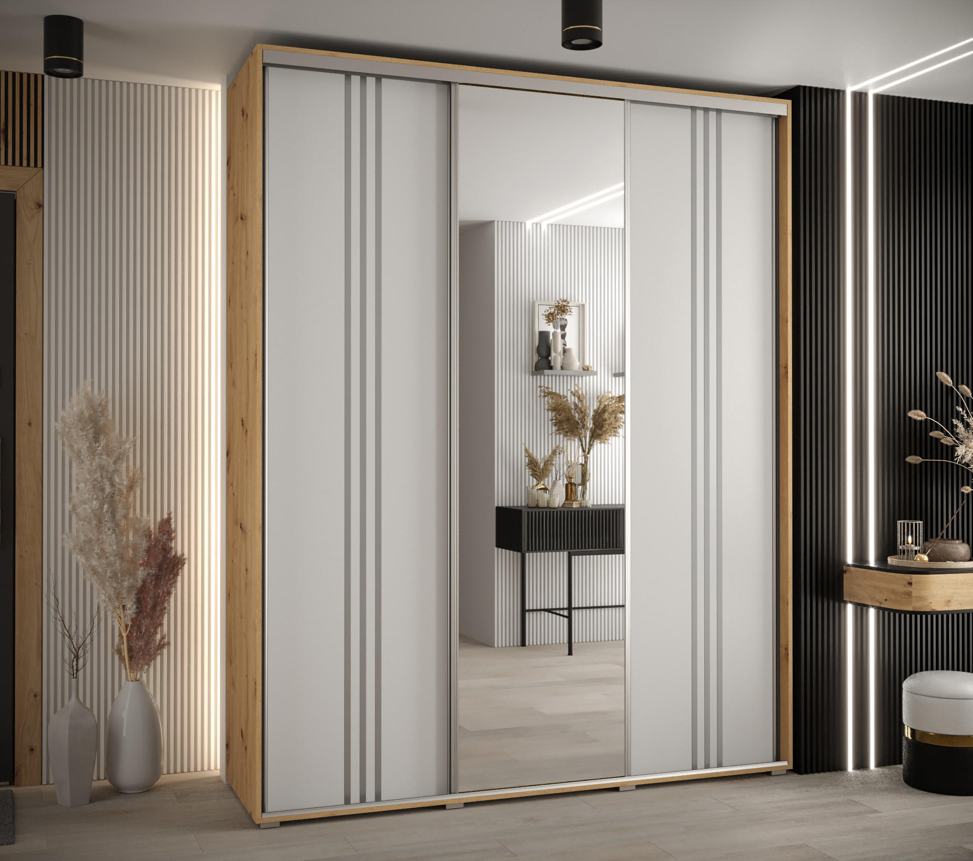 SCHWEBETÜRENSCHRANK 235,2/200/60 3-türig - Silberfarben/Weiß, Holz/Metall (200/235/60cm) - Abiks Möbel