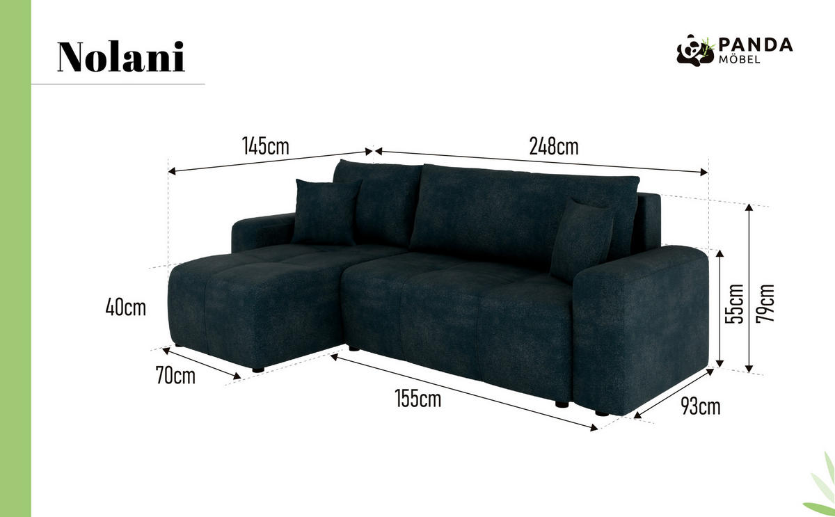 ECKSOFA Nolani mit Schlaffunktion & Bettkasten – Modern & Bequem - Dunkelblau, Kunststoff (248/145cm) - Panda Möbel