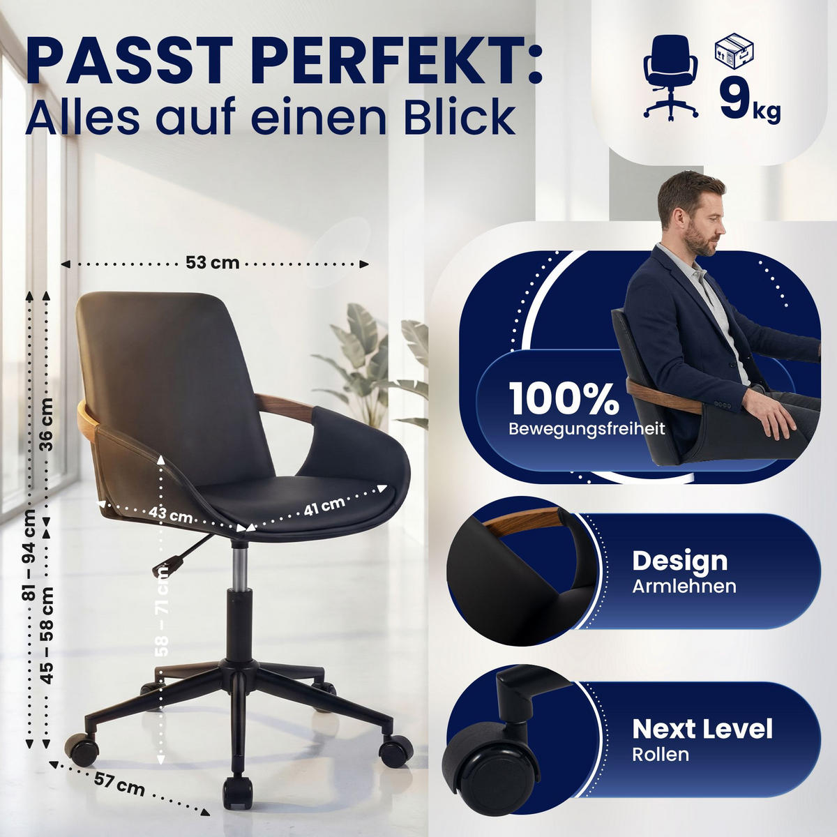 DREHSTUHL Lederlook Walnuss/Schwarz - Walnussfarben/Schwarz, Textil/Metall (53/81/57cm) - CLP