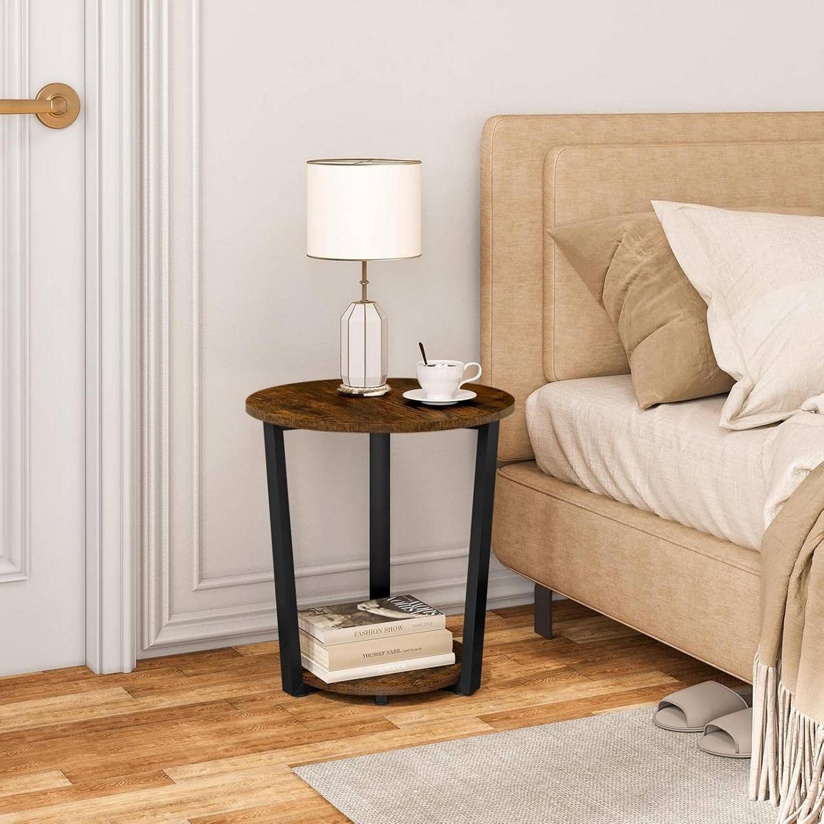 COUCHTISCH rund, mit 2 Ablagen, Rustikales Braun - Nussbaumfarben, Holzwerkstoff/Metall (50/50/53cm) - Woltu