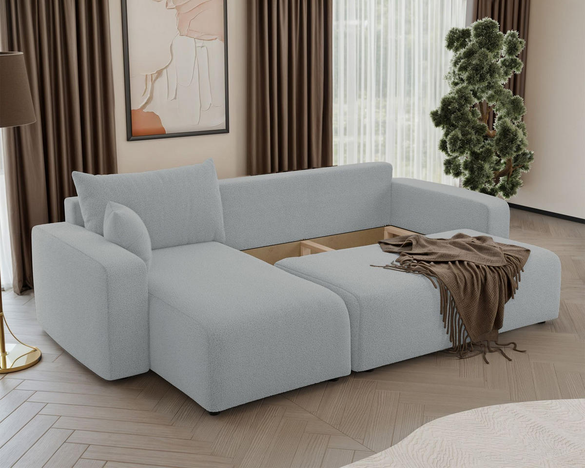 ECKSOFA Pianoni Hellgrau Bouclé-Bezug - Hellgrau/Schwarz, Kunststoff/Textil (244/140cm) - Selsey