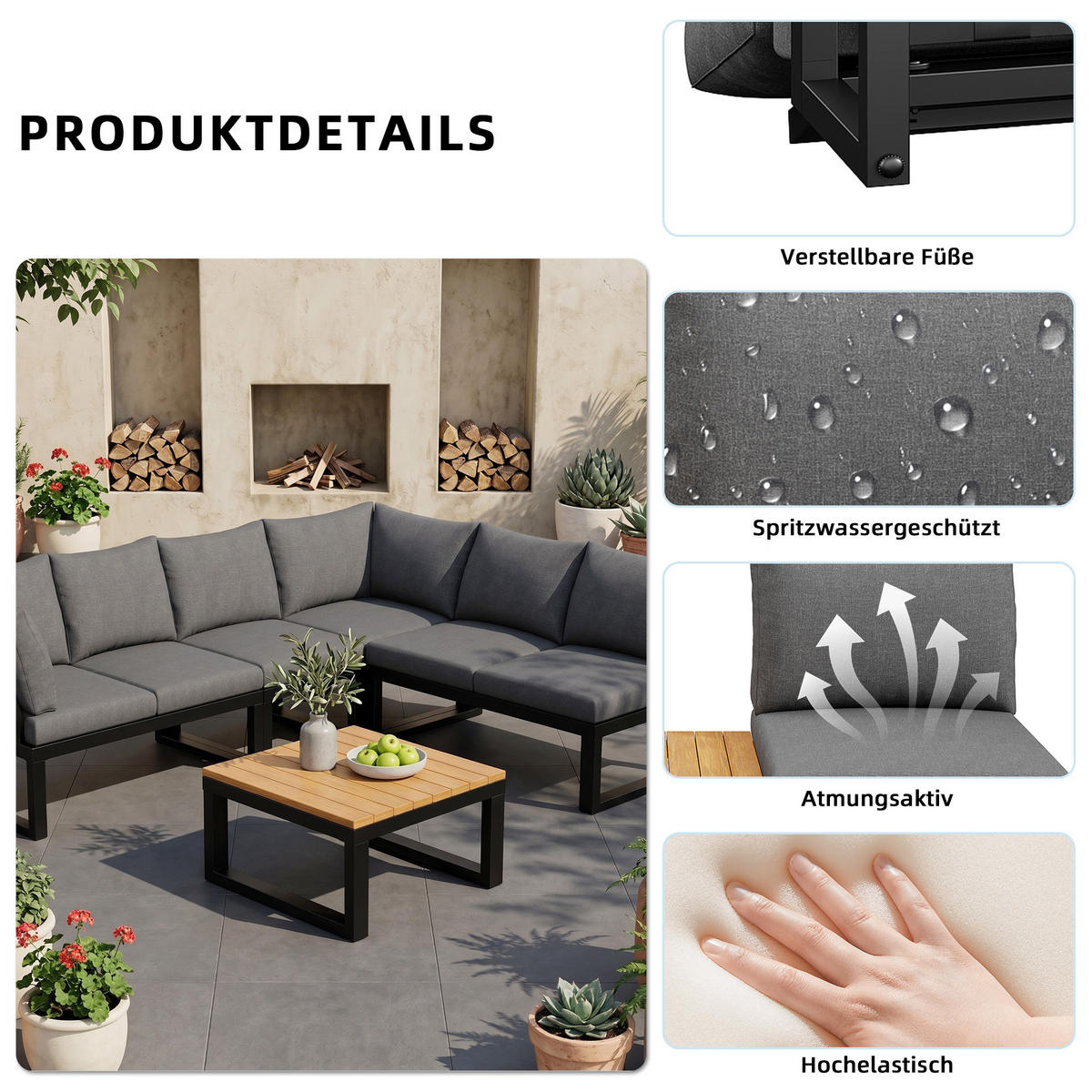 GARTENLOUNGE-SET für 6 Personen Garten-Essgruppe Ecksofa mit verstellbarer Rückenlehne - Schwarz/Naturfarben, Textil/Metall - STILVORA