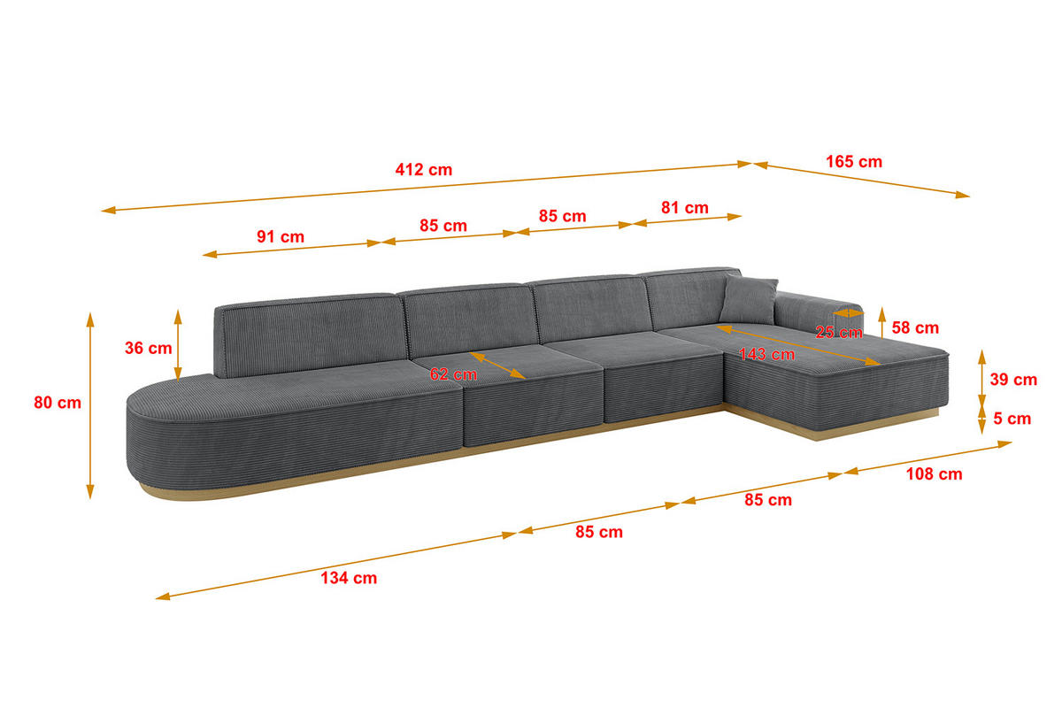 ECKSOFA Ottomane Rechts IREA-L3-v2 - 412x165x80 cm Duneklgrau - Dunkelgrau/Grau, Holzwerkstoff/Textil (412/165cm) - ALTDECOR