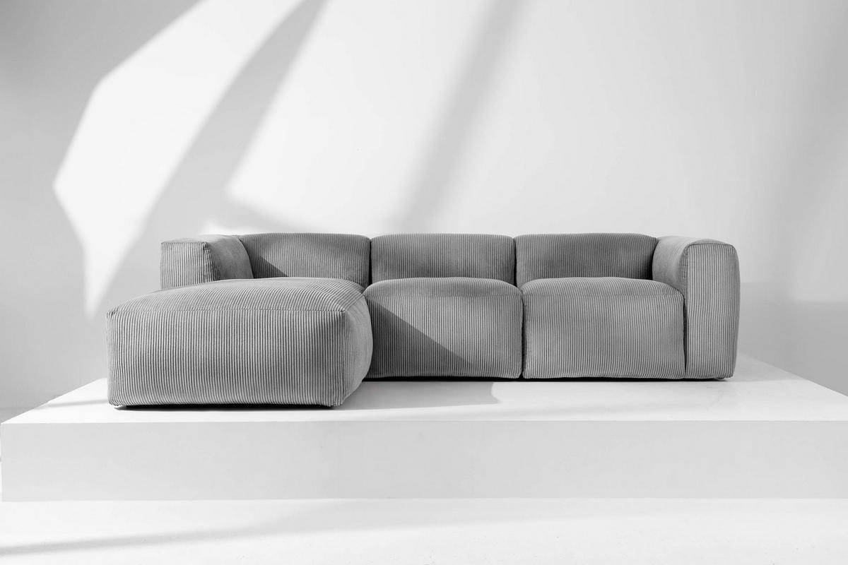 ECKMODULSOFA-LINKS BUFFO mit extrem weicher und bequemer Sitzfläche, Kordstoff, hellgrau - Hellgrau, Textil (297/180cm) - KONSIMO®