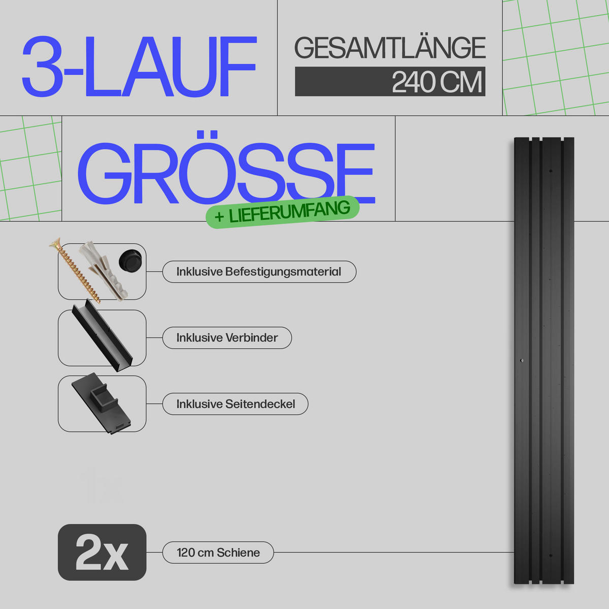 GARDINENSCHIENE 240cm (2x120cm) 3-läufig - Schwarz, Kunststoff (10/1.8/240cm)