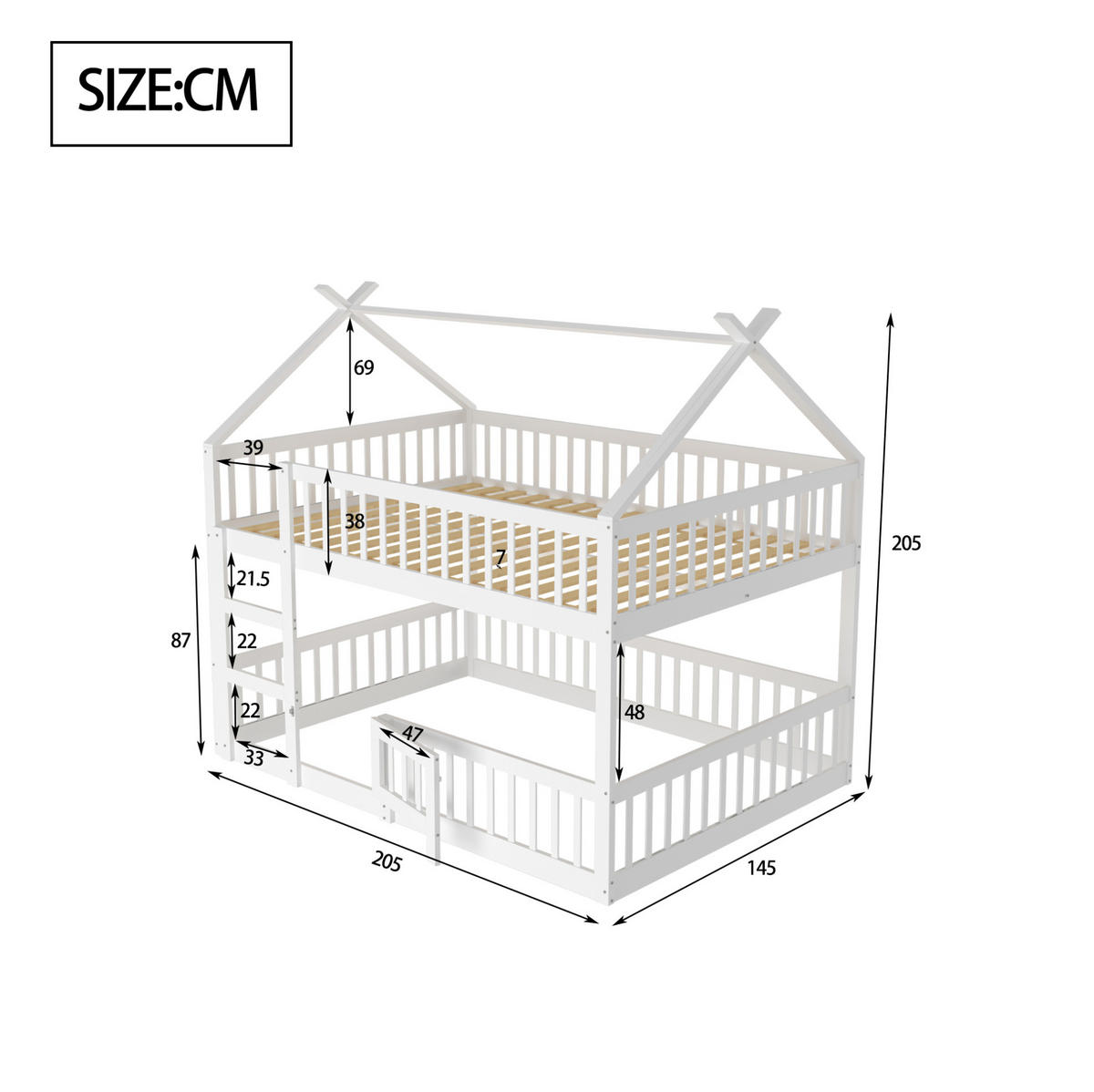 HAUSBETT 140/200 cm aus Holz mit Treppe und Sicherheitsumrandung in Weiß - Weiß, Holz (140/200cm) - BEAOK