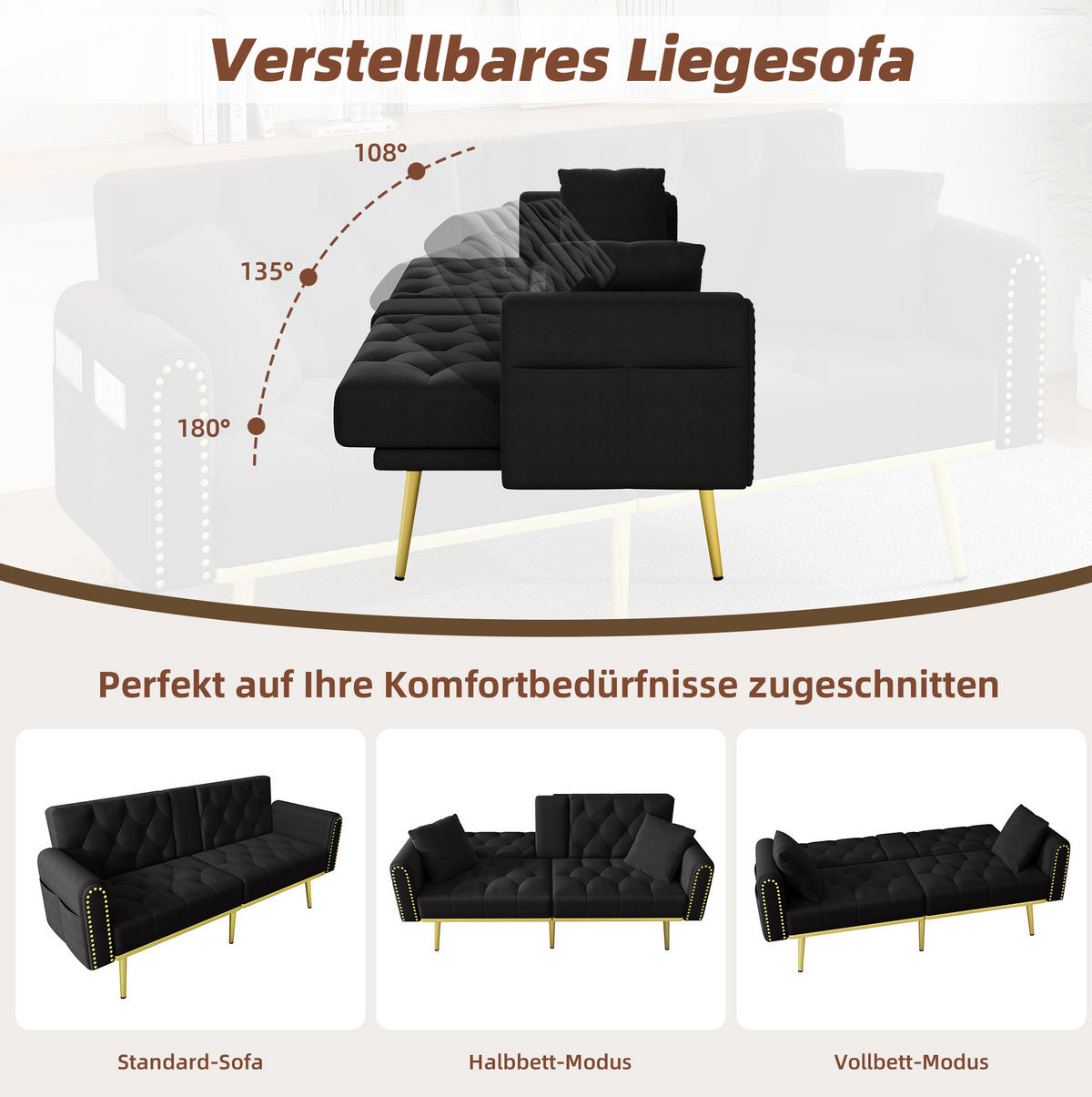 SCHLAFSOFA Samt mit verstellbarer Rückenlehne und Getränkehalter Schwarz 175/80/73,5 cm - Schwarz, Textil (73.5/175/80cm) - Redom