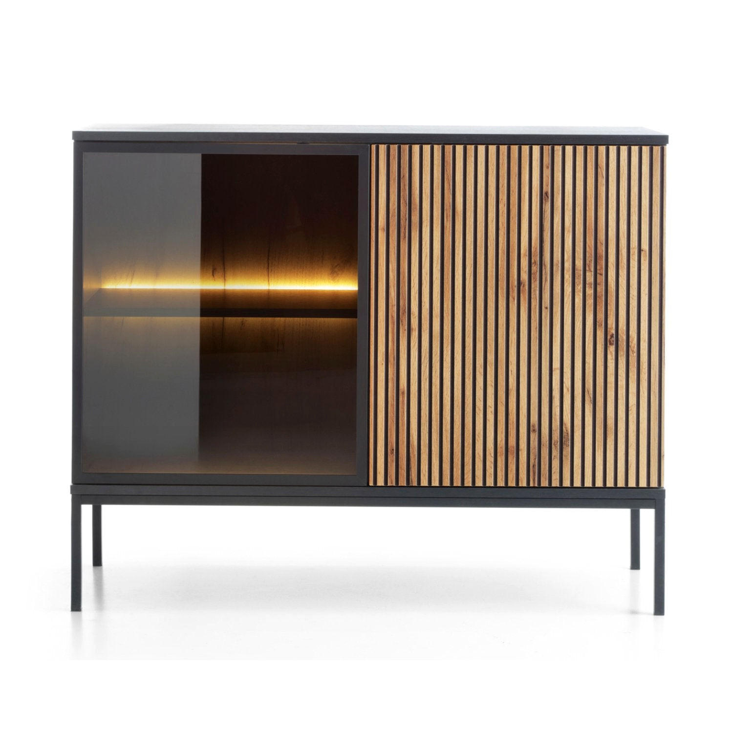 KOMODA Tosena čierna/dub Wotan s LED 104 cm - čierna/farba duba, kov/kompozitné drevo (104/83/39cm) - Selsey
