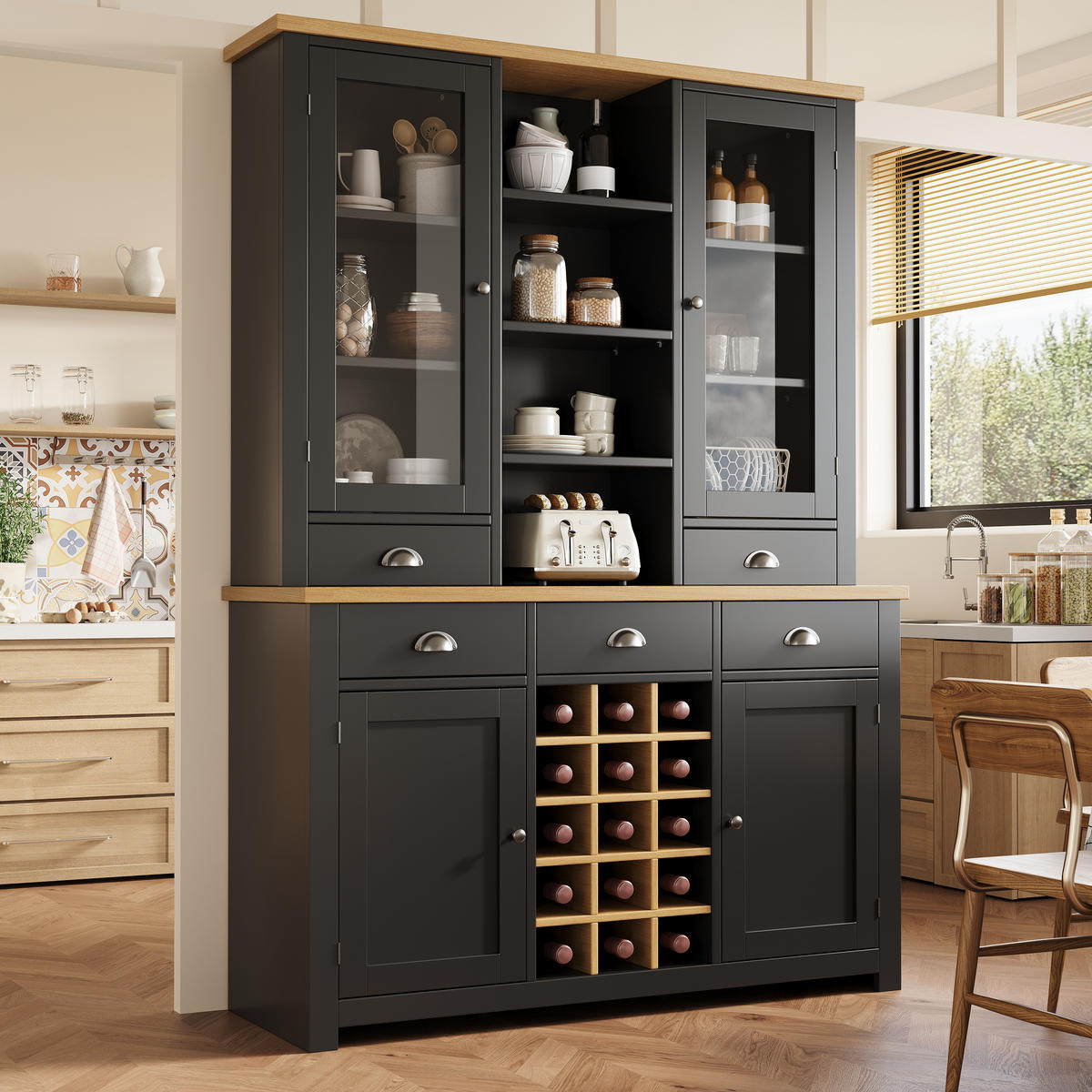 HOCHSCHRANK Glas SoftClose Weinregal Metallgriffe Schwarz - Schwarz, Glas (120/185/40cm) - FLIEKS