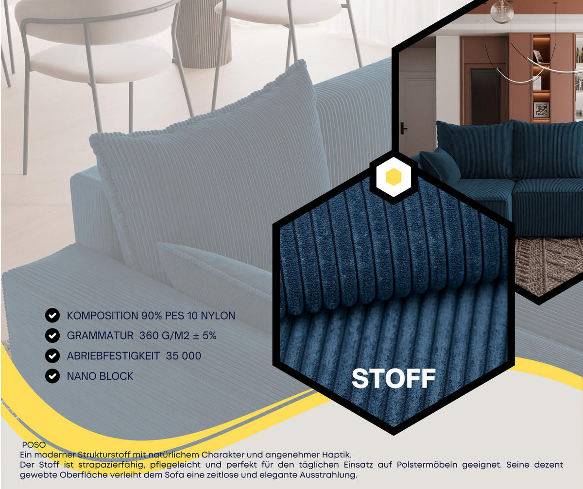 ECKSOFA Tobi mit Bettkasten und Schlaffunktion, L-Form, Cordstoff, Universal - Blau, Holzwerkstoff (246/145cm) - 4ALL HOME