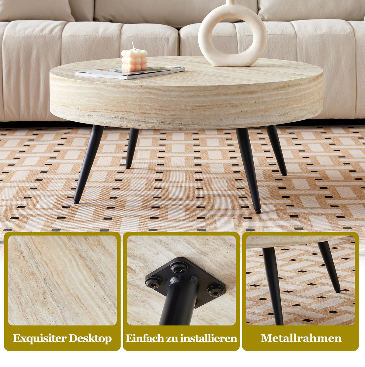 KONFERENČNÍ stolek 70/70/35,5 cm černá světlý dekor z MDF a kovu s nastavitelnými nožkami - černá, kompozitní dřevo (70/70/35.5cm) - OKWISH