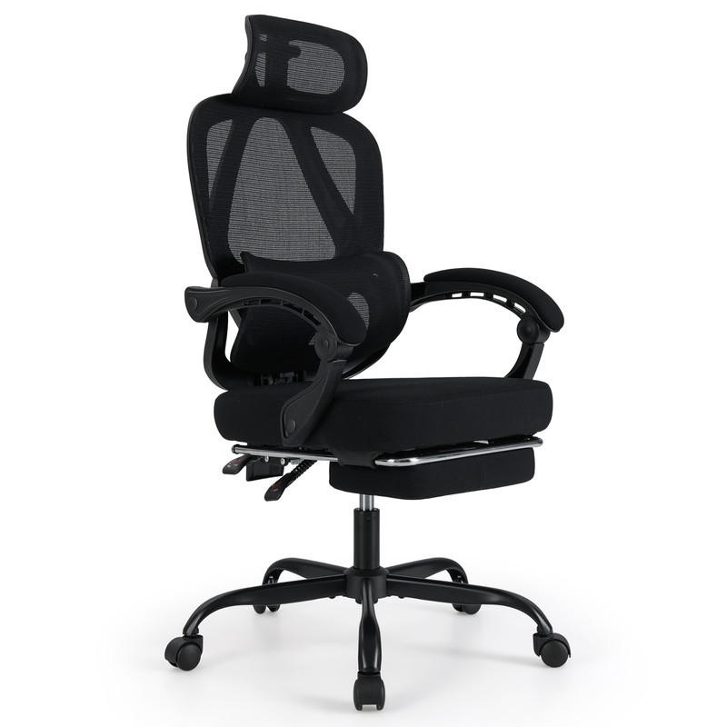 BÜROSTUHL mit ausziehbarer Fußstütze schwarz - Schwarz, Metall (70/114/70cm) - COSTWAY