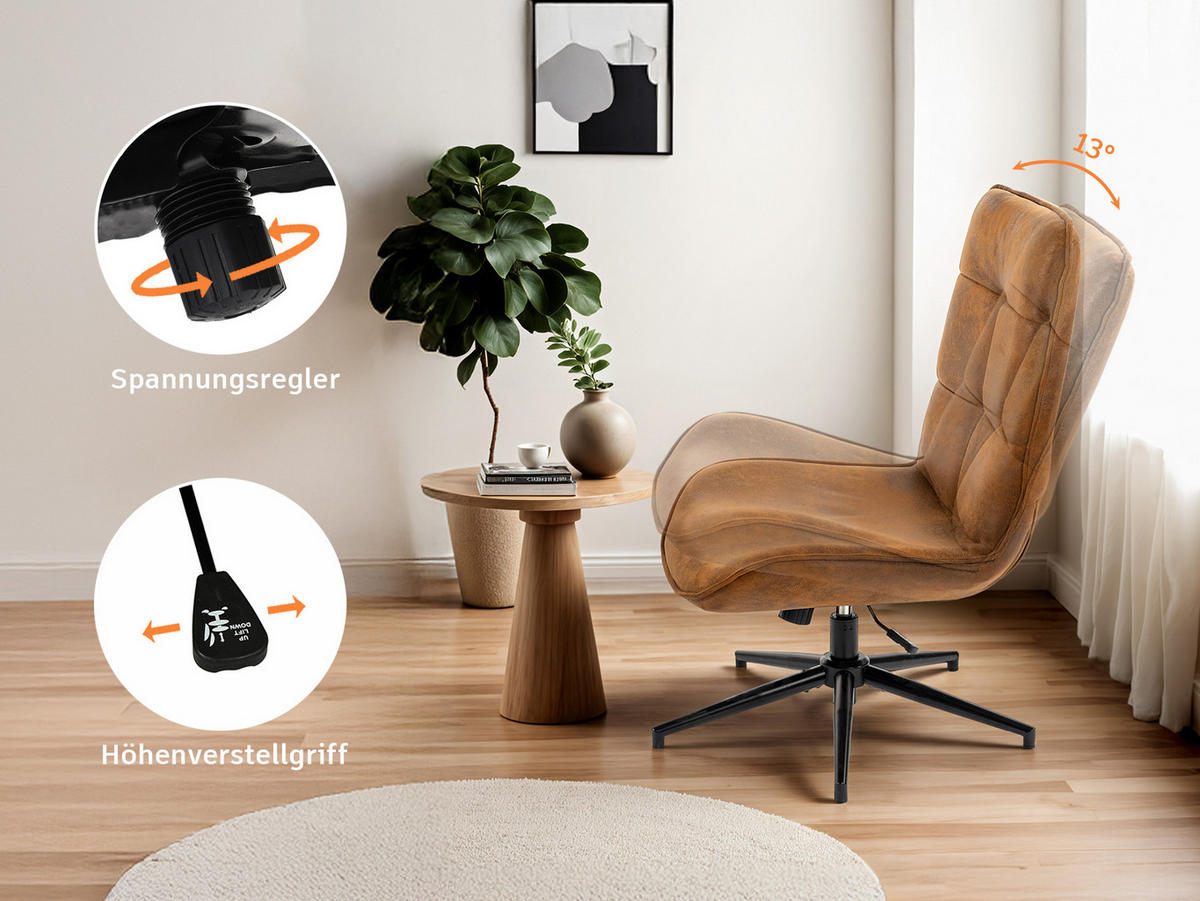DREHBARER Bürostuhl mit Neigefunktion und Höhenverstellung von 35–41 cm, Braun - Braun, Metall (61/95/67cm) - Meubles Cosy