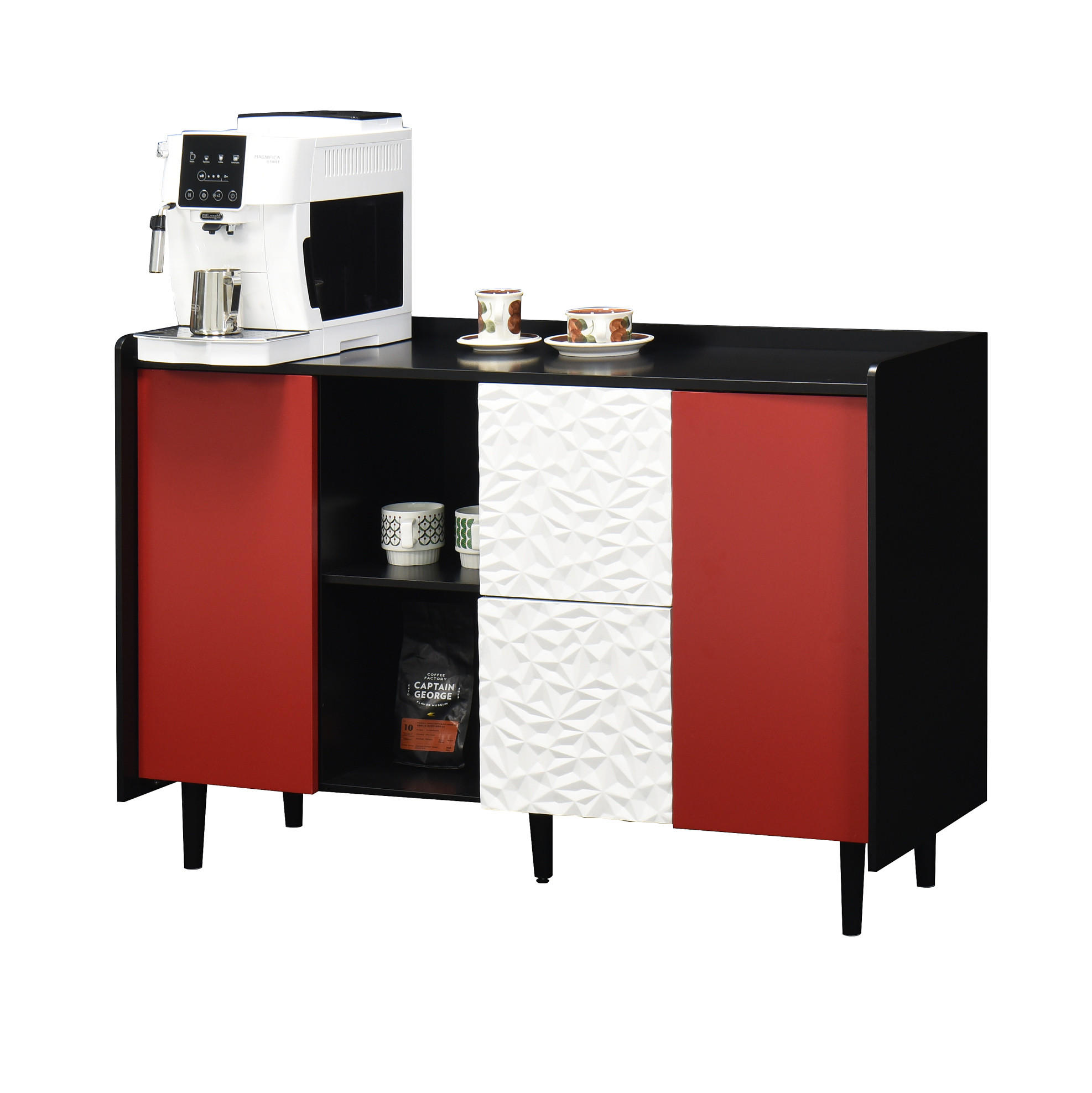 SIDEBOARD aus MDF 40x120x80 cm Schwarz/Rot mit 2 Schubladen, offenem Stauraum und Schrankfach - Schwarz, Holzwerkstoff (120/80/40cm) - Modfu