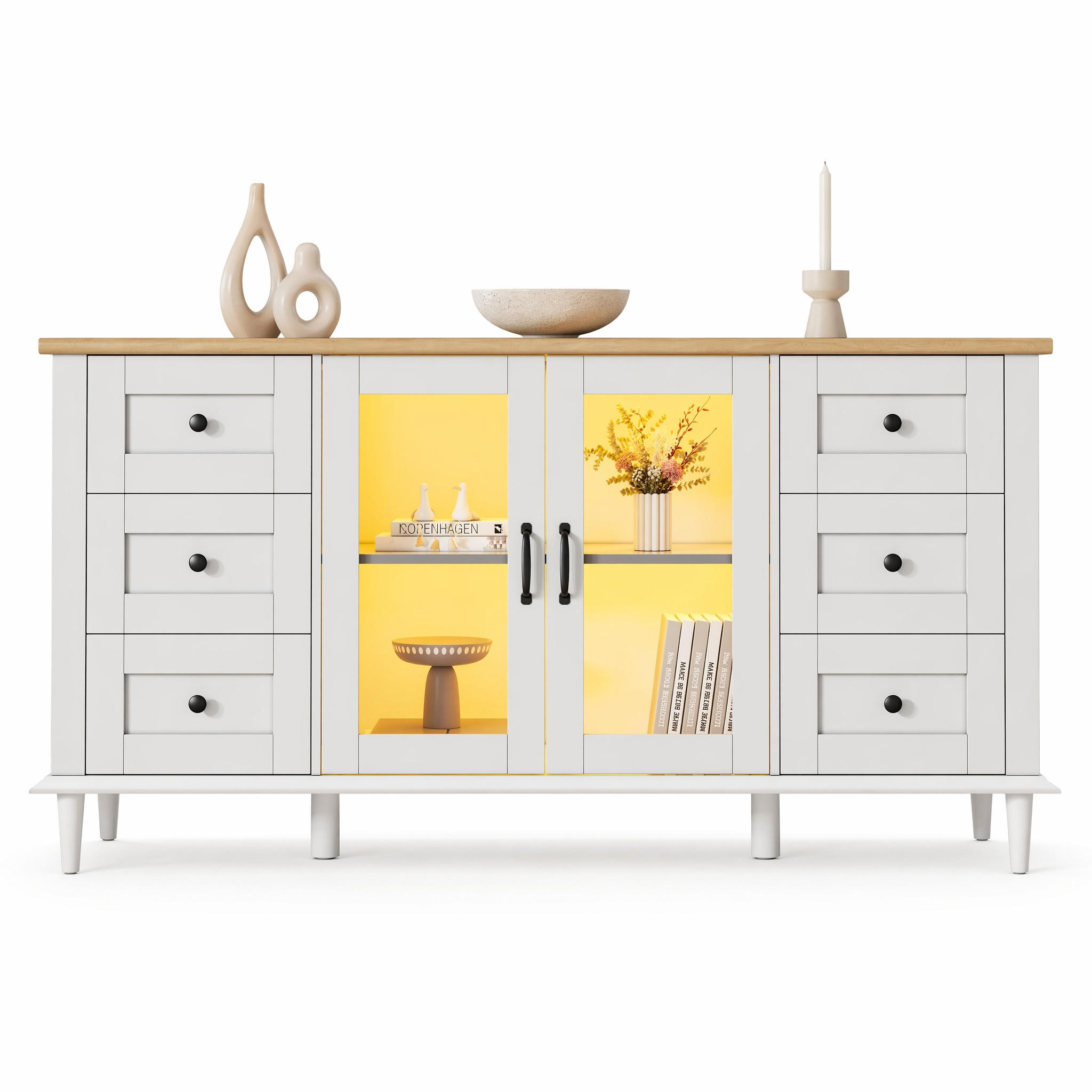 SIDEBOARD in Weiß|Naturfarben Anrichte mit 2 Acryl Türen, 6 Schubladen, LED, Wohn-/Esszimmer, B150/T40/H75cm - Weiß, Holzwerkstoff (150/75/40cm) - STILVORA