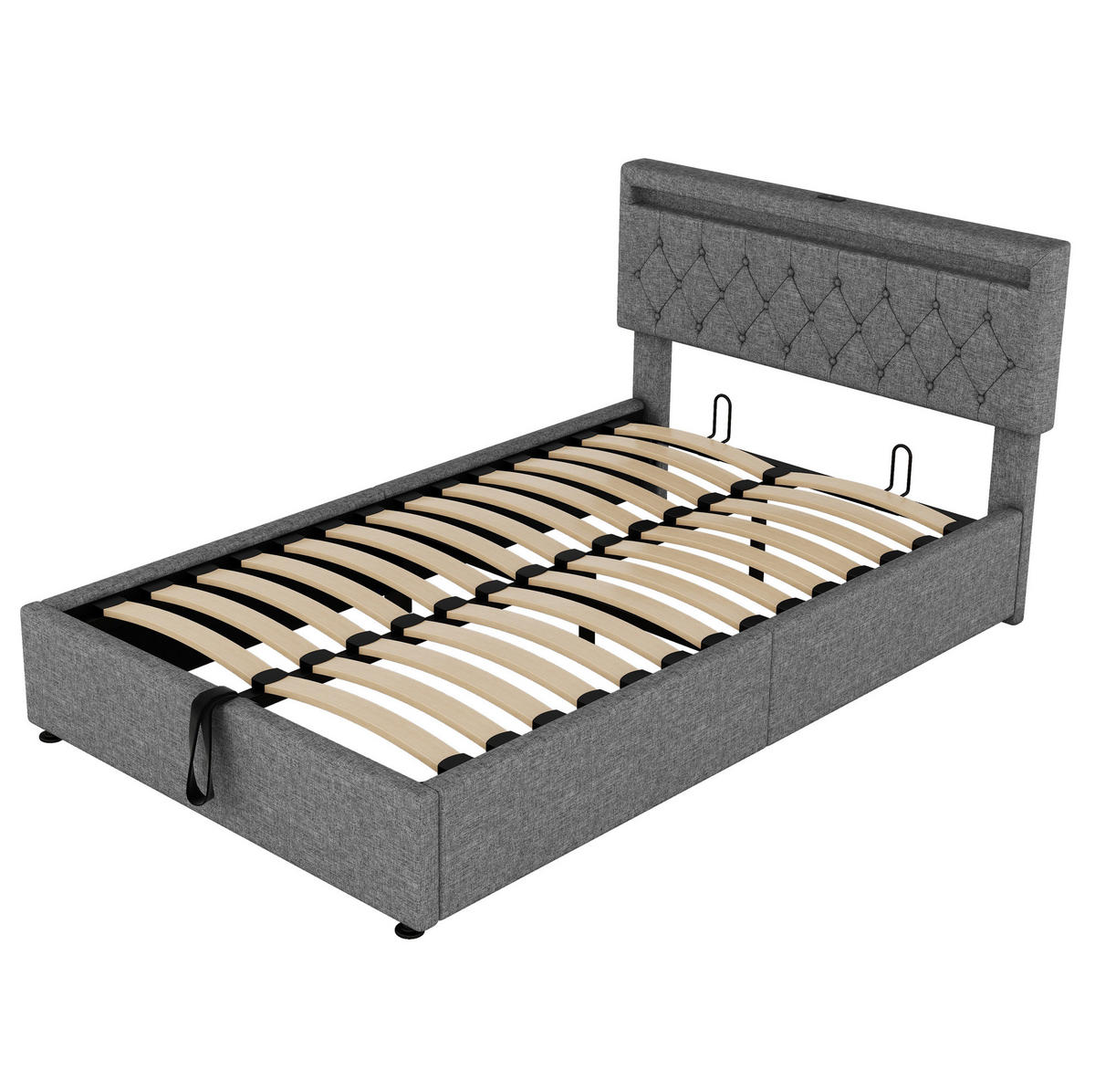 POLSTERBETT aus Leinen 140/200 cm mit LED-Beleuchtung, USB- und USB-C-Anschluss und hydraulischem Bettkasten, Grau - Grau, Textil (140/200cm) - Redom