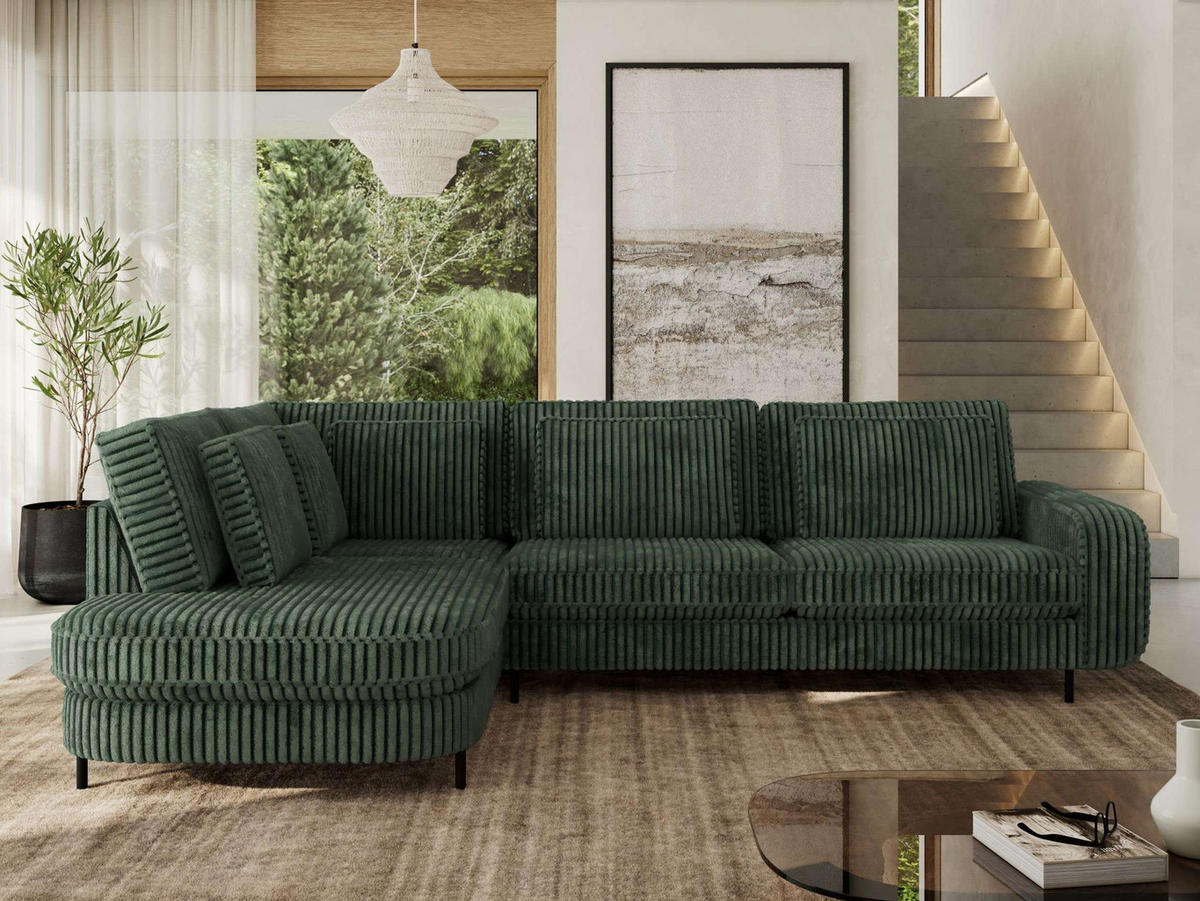 ROHOVÁ SEDAČKA CALENO L - Zelený Manšestr - Pravá Strana - černá/tmavě zelená, kov/textil (317/225cm) - MKS
