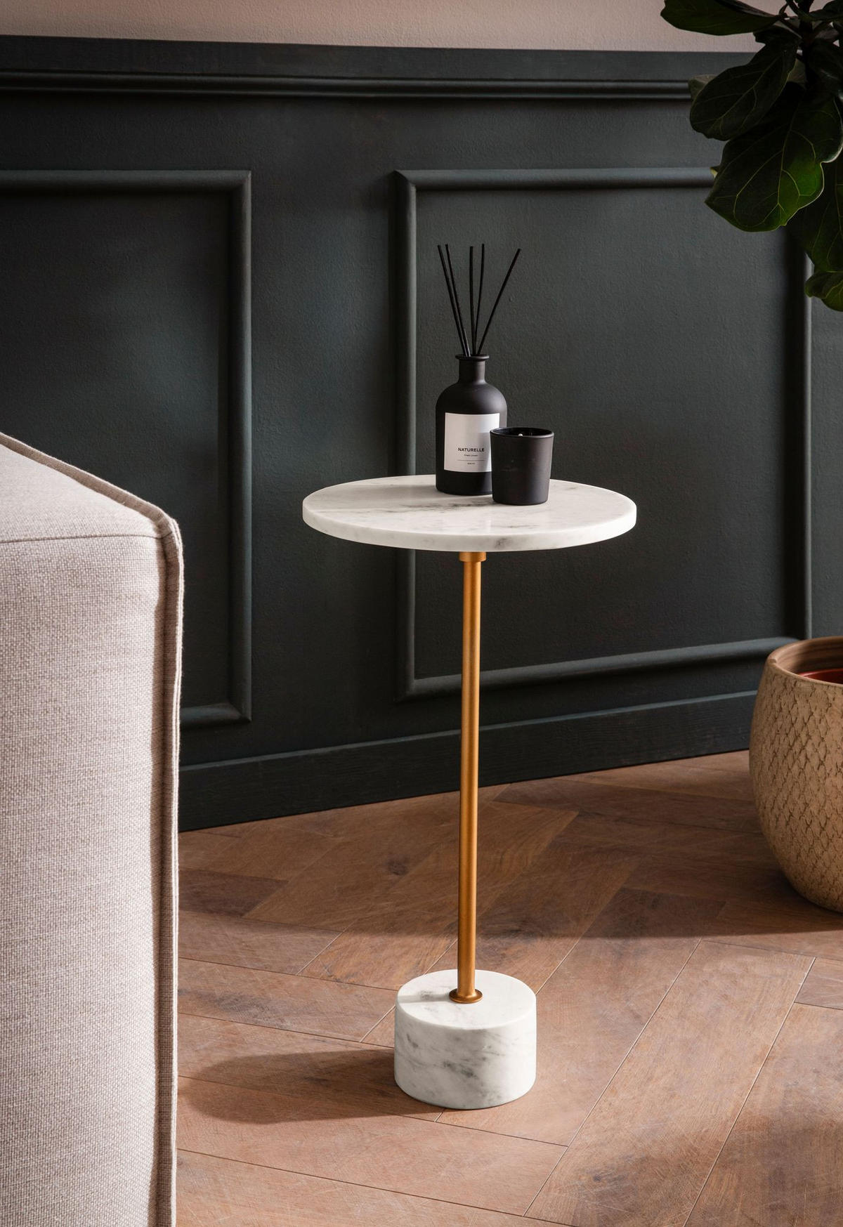 BEISTELLTISCH – Rund Echter Marmor Weiß Gold 30x30x55,5 cm - Weiß, Metall (30/30/56cm) - KADIMA DESIGN
