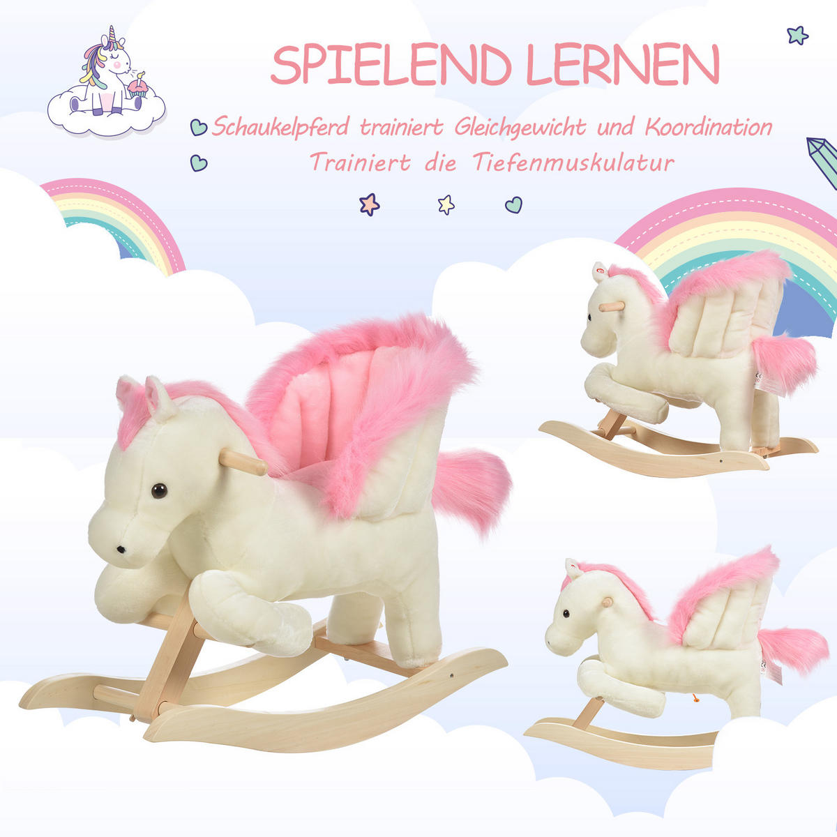 KINDER SCHAUKELTIER, Weiß+Rosa, Plüsch+ Holz - Weiß, Holz (28/57/70cm) - HOMCOM
