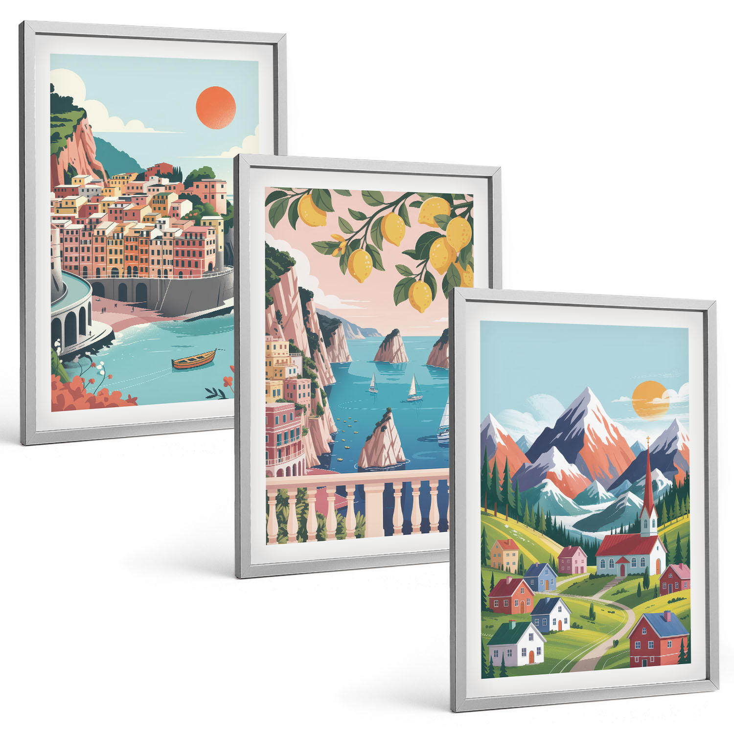 BILDER SET 3er Set - 40x60 cm Silberner Rahmen - Farbenfrohe Berge und Städte - Silberfarben, Kunststoff (40/60cm) - TULUP