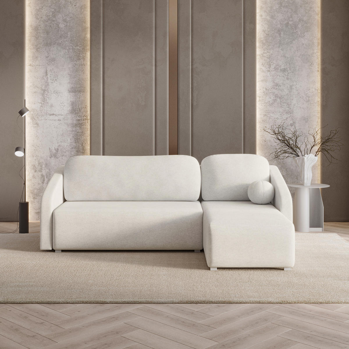 ECKSOFA MARELLO Creme Geflochtener Stoff mit Schlaffunktion - Creme, Holz (220/143cm) - MASSENO