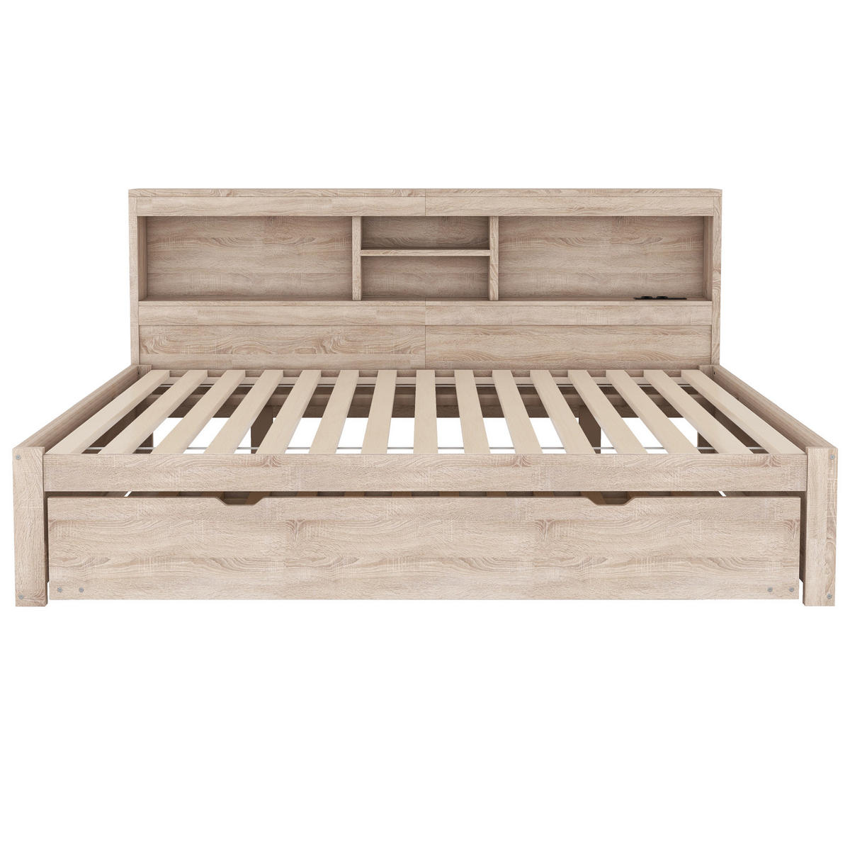 TAGESBETT 140/200 cm mit LED-Beleuchtung, Ausziehbett, USB und Stauraum - Naturfarben, Holzwerkstoff (140/200cm) - BEAOK