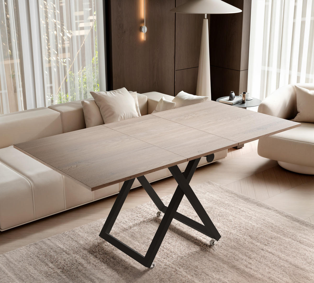 COUCHTISCH ARIA 120-160/80 cm, Höhenverstellbar, Schwarz / Cremona Cannolo (Cremefarben) - Creme/Schwarz, Holzwerkstoff/Metall (120/80/38cm) - Idohome