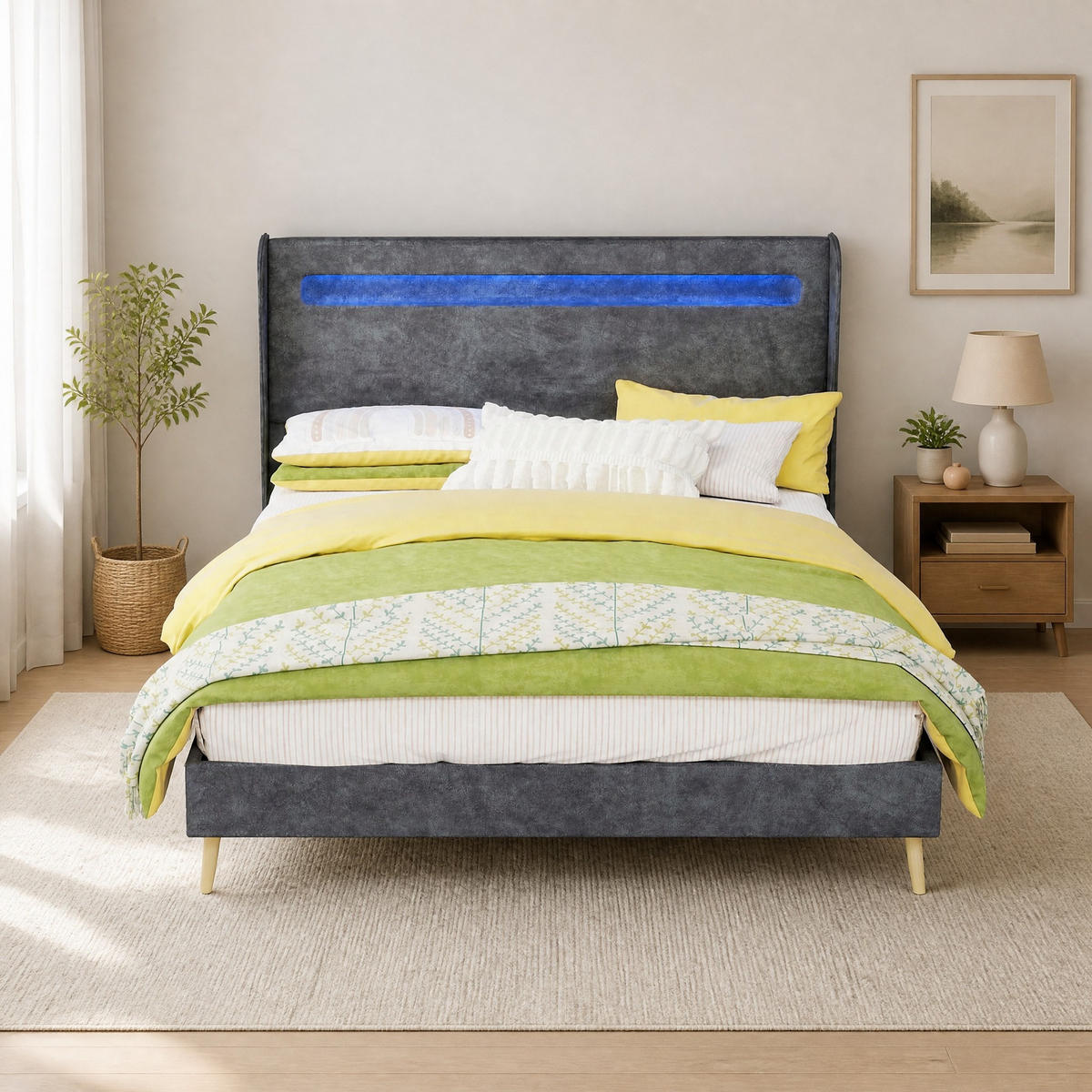 POLSTERBETT 140/200 mit LED und verstellbarem Kopfteil in Grau - Grau, Holzwerkstoff/Textil (140/200cm) - EVRYAE