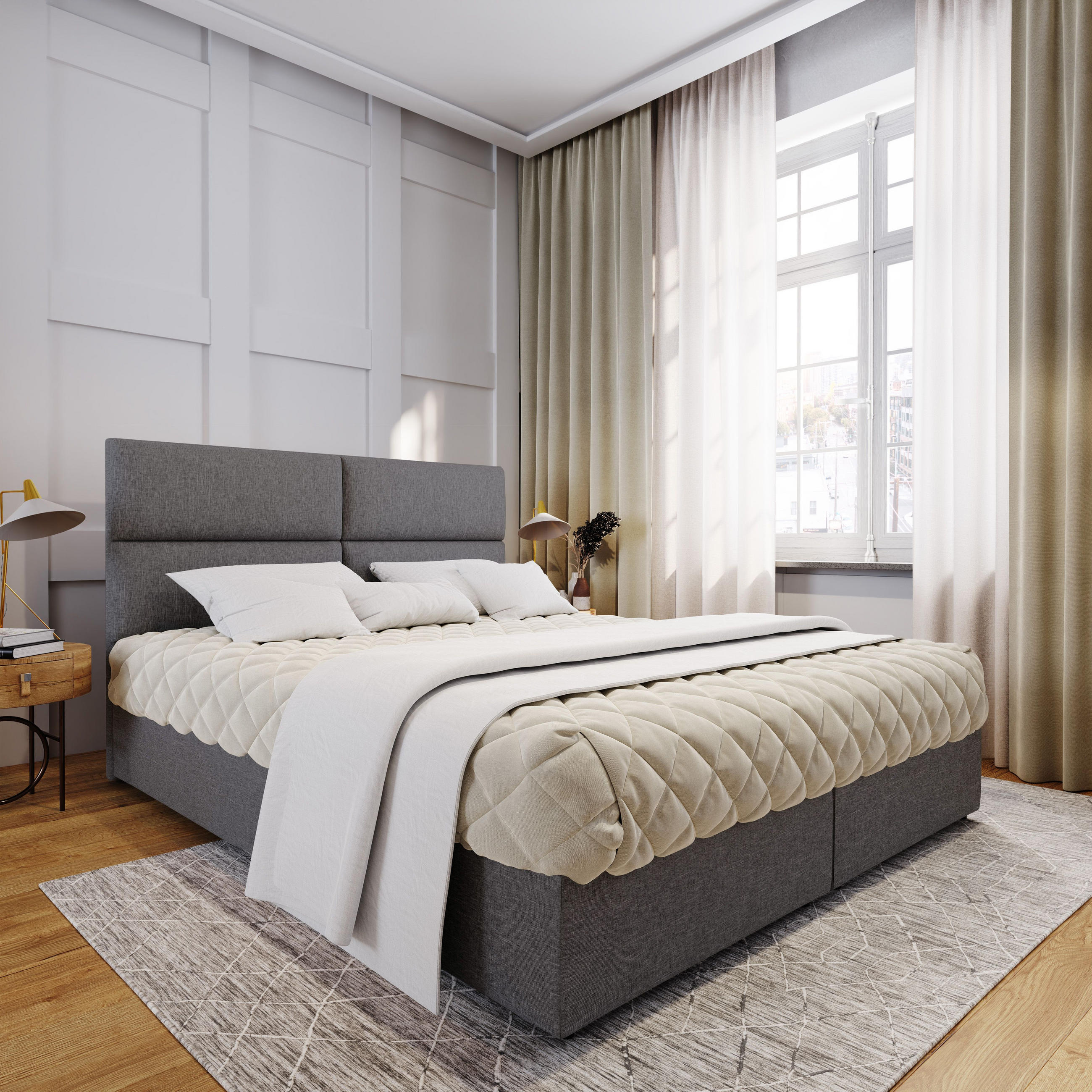 BOXBETT LONIS 140x200 cm mit Matratze und Topper - Grau - Grau, Holz (140/200cm) - MASSENO