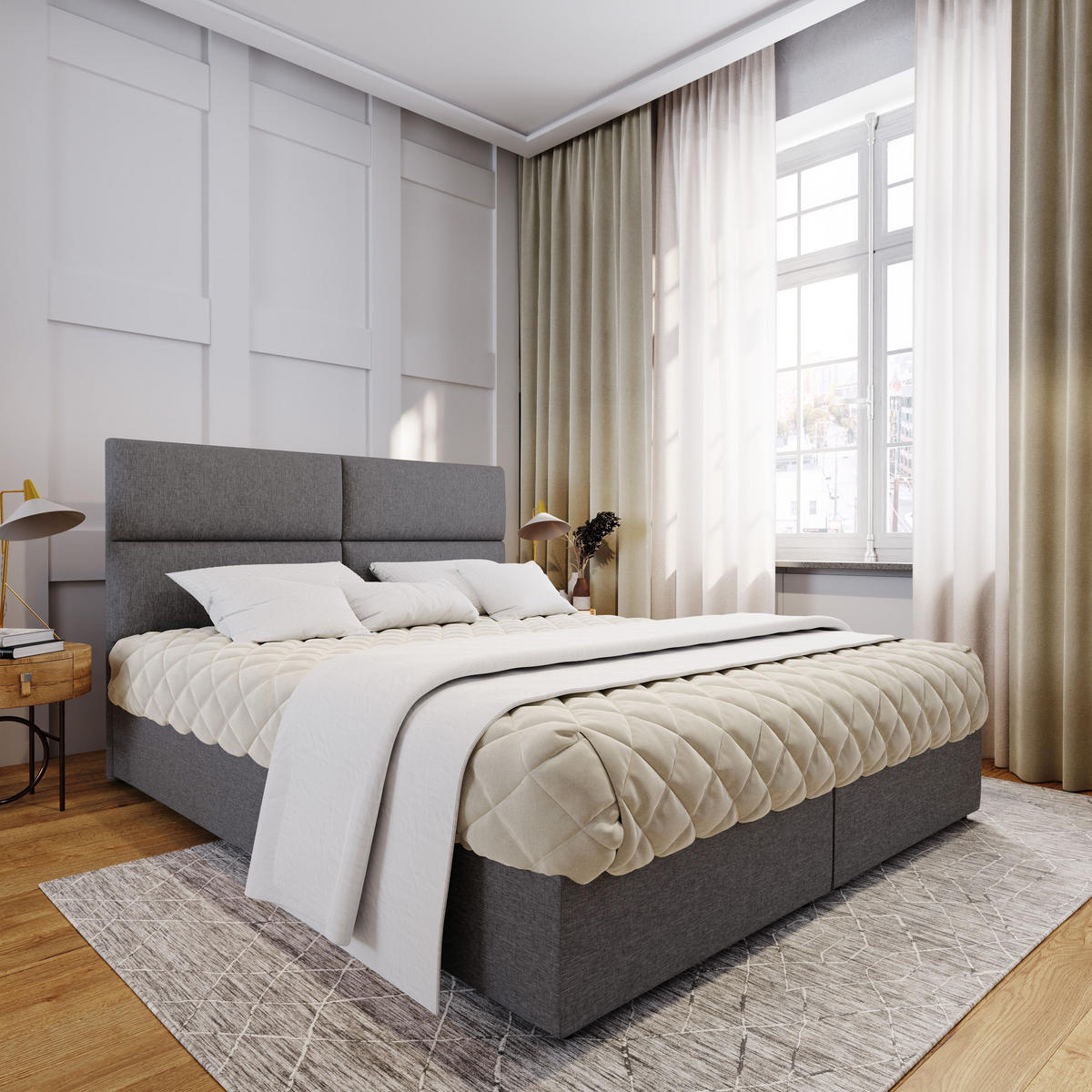 BOXBETT LONIS 140x200 cm mit Matratze und Topper - Grau - Grau, Holz (140/200cm) - MASSENO