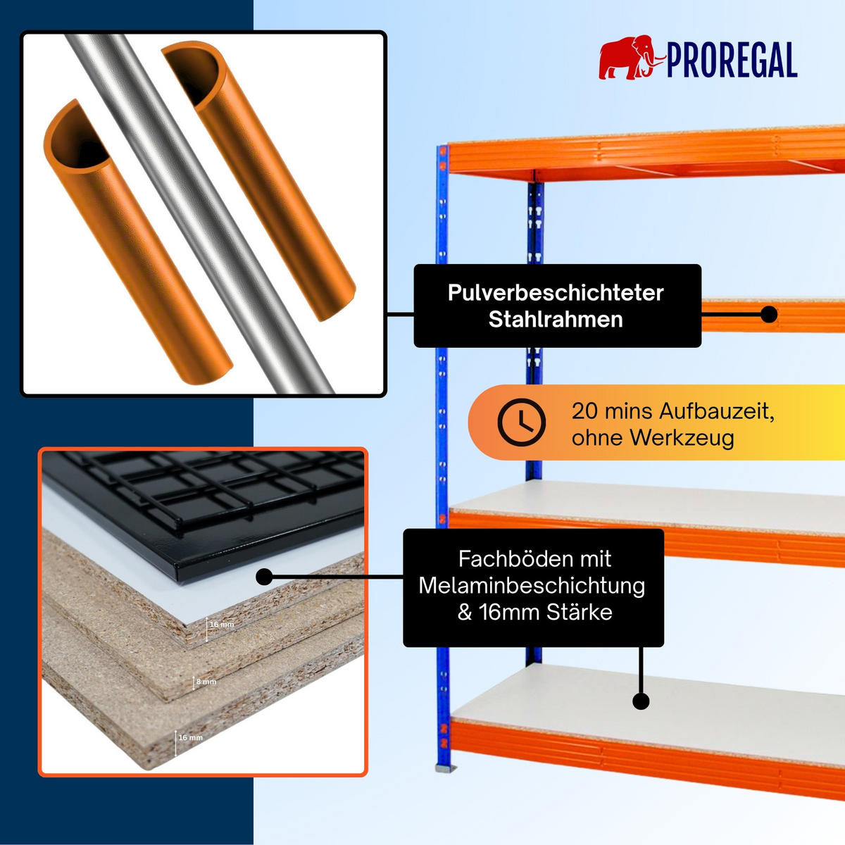 SCHWERLASTREGAL Rhino 180x160x60 cm 4 Melamin-Ebenen 16mm Fachlast 500 kg Blau/Orange - Blau/Orange, Metall (160/180/60cm) - PROREGAL