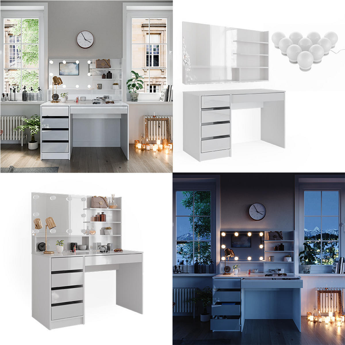 SCHMINKTISCH Sherry Weiß 145 cm mit LED Beleuchtung, und Spiegelregal - Weiß, Holzwerkstoff (55/75/145cm) - Vicco