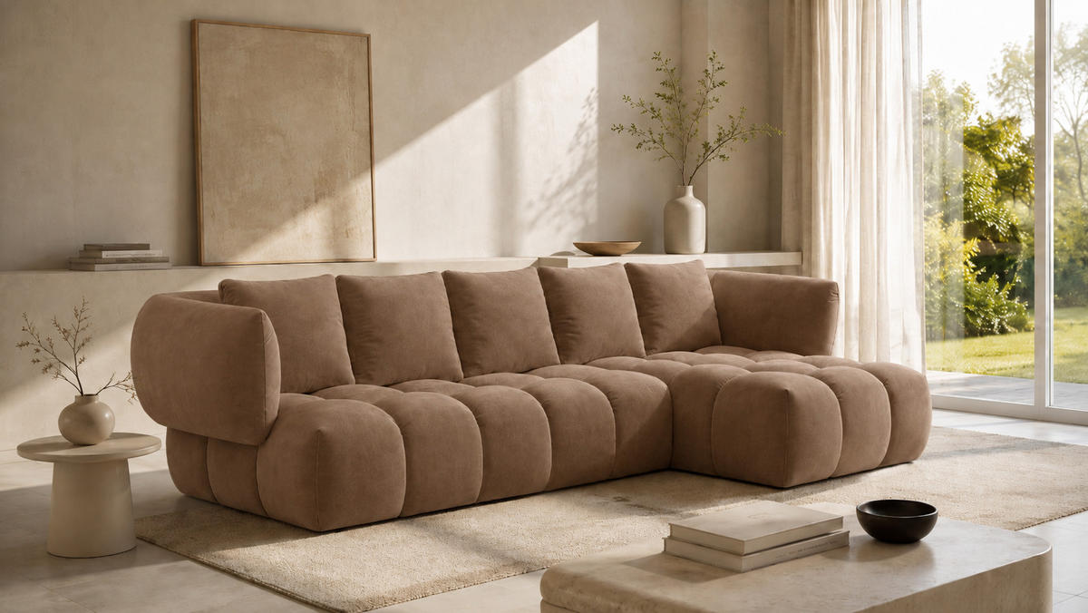 ECKSOFA L-Form, Veloursstoff Bluvel, Latte, Rechts, SEVIO L - Cappuccino, Holz (242/175cm) - Kaiser Möbel