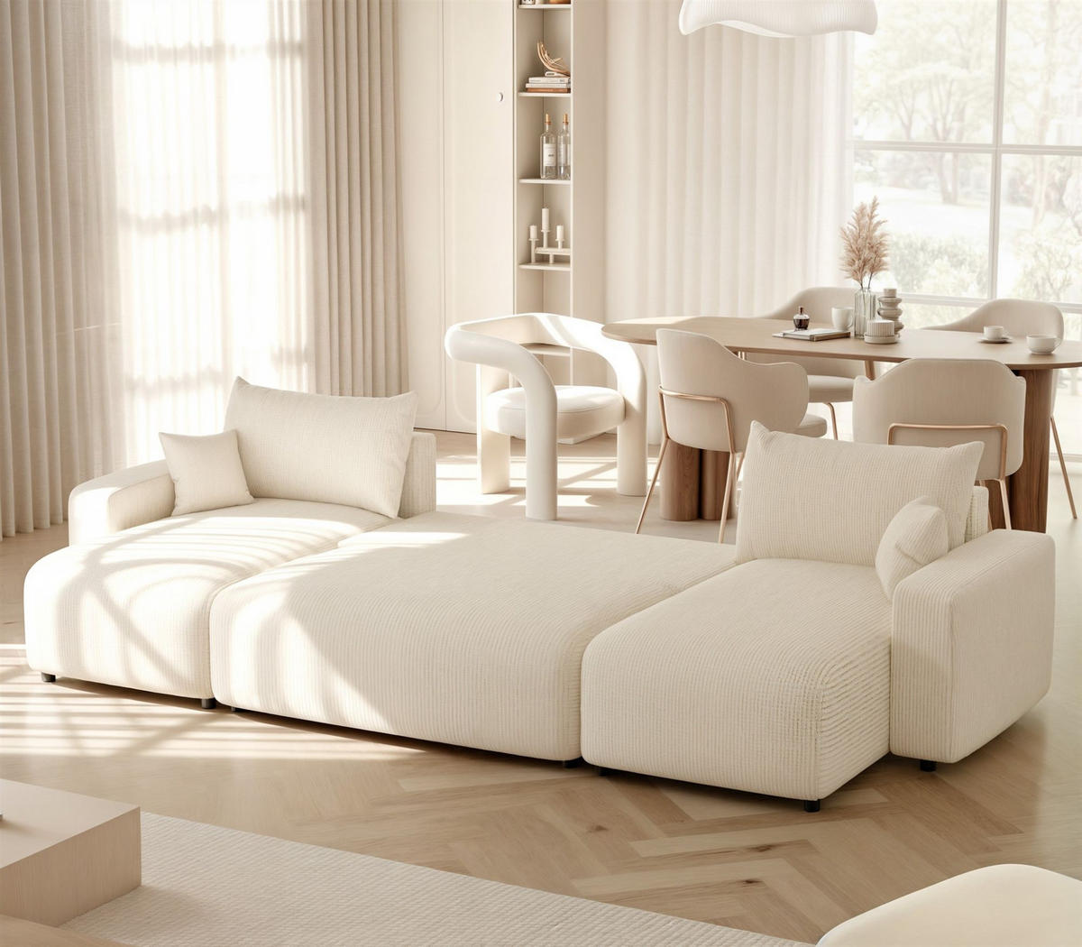 WOHNLANDSCHAFT Luna Mit Schlaffunktion - Creme, Holzwerkstoff/Textil (318/79/145cm) - Fun Möbel