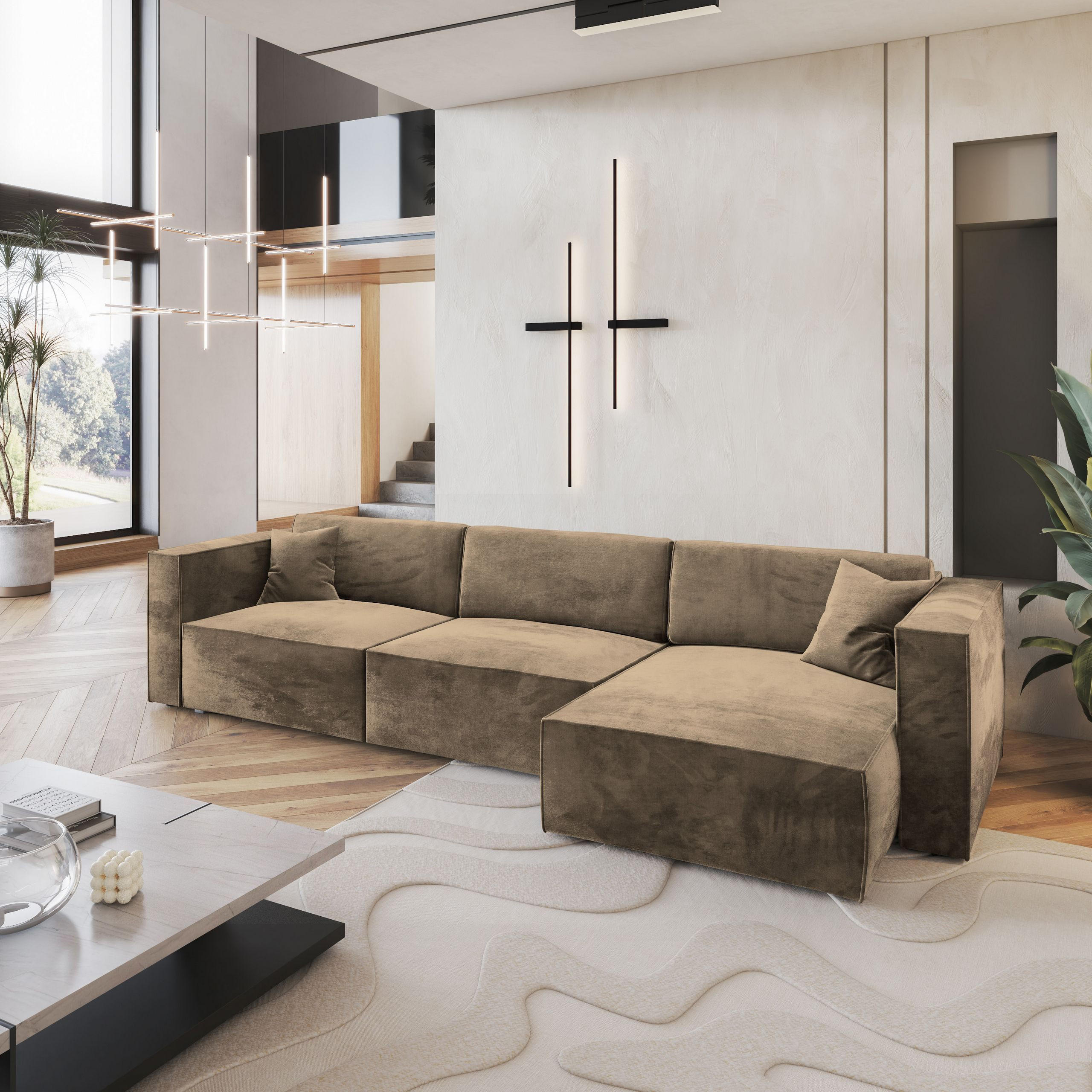 ECKSOFA TOLMO M Beige Velours-Stoff mit Schlaffunktion - Beige, Holz (347/148cm) - MASSENO
