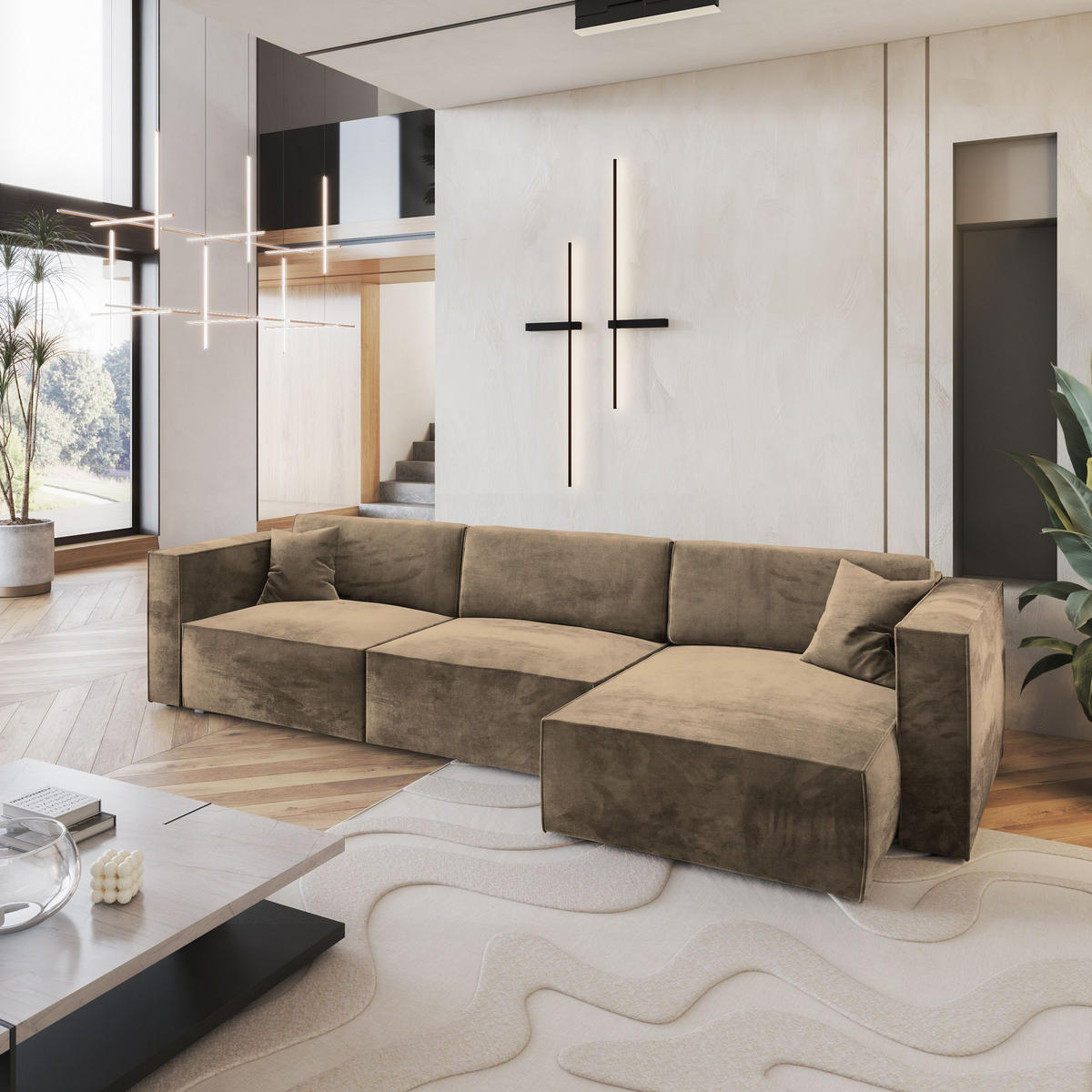 ECKSOFA TOLMO M Beige Velours-Stoff mit Schlaffunktion - Beige, Holz (347/148cm) - MASSENO
